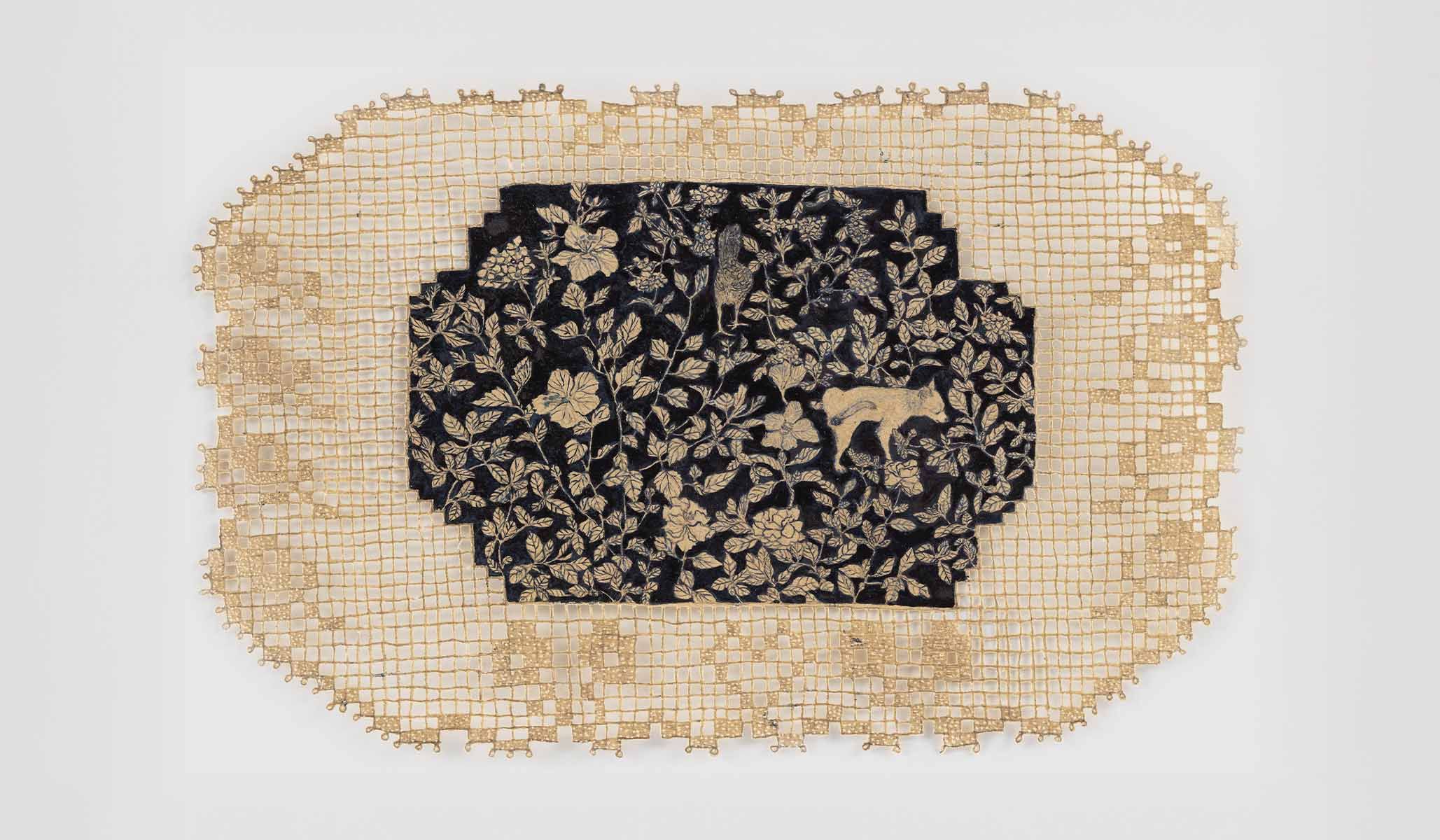 Jasmin Sian, dovecote: a tree-pee in Bugoy’s favorite spot with Mrs. Manok in mom’s garden, Philippines , 2025, gouache, lacquer ink, graphite, and cutouts on deli-bag paper.