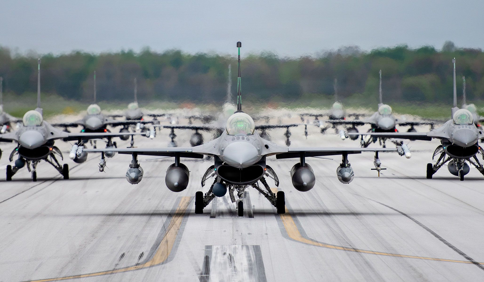 U.S. Air Force F-16 Fighting Falcons assigned to the 180th Fighter Wing, Ohio National Guard, conduct an “Elephant Walk” as the final exercise during an Air Combat Command combat readiness inspection in Swanton, Ohio, April 26, 2026.