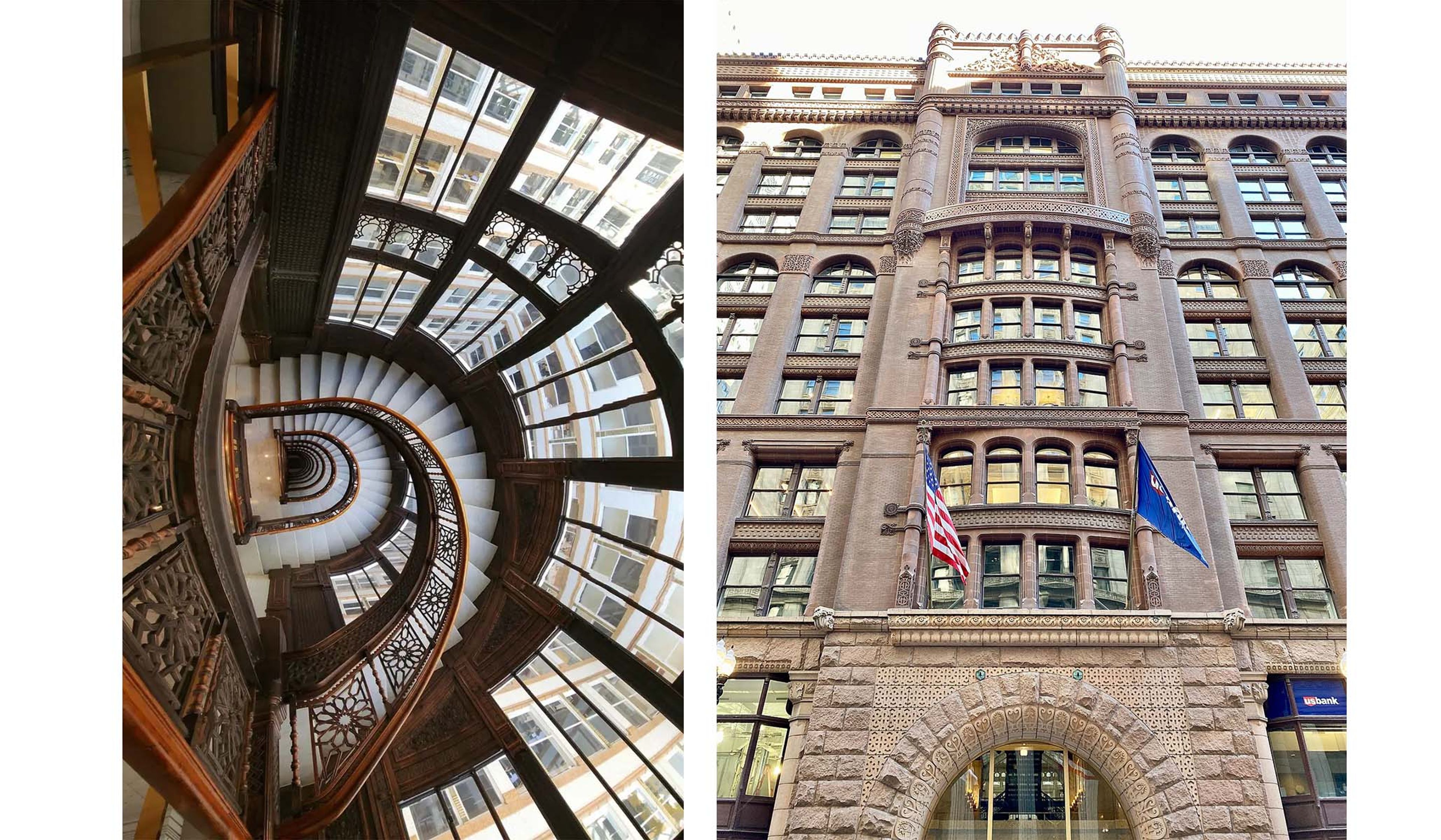 Interior view of the spiral staircase at the Rookery Building. Exterior view of the Rookery Building.
