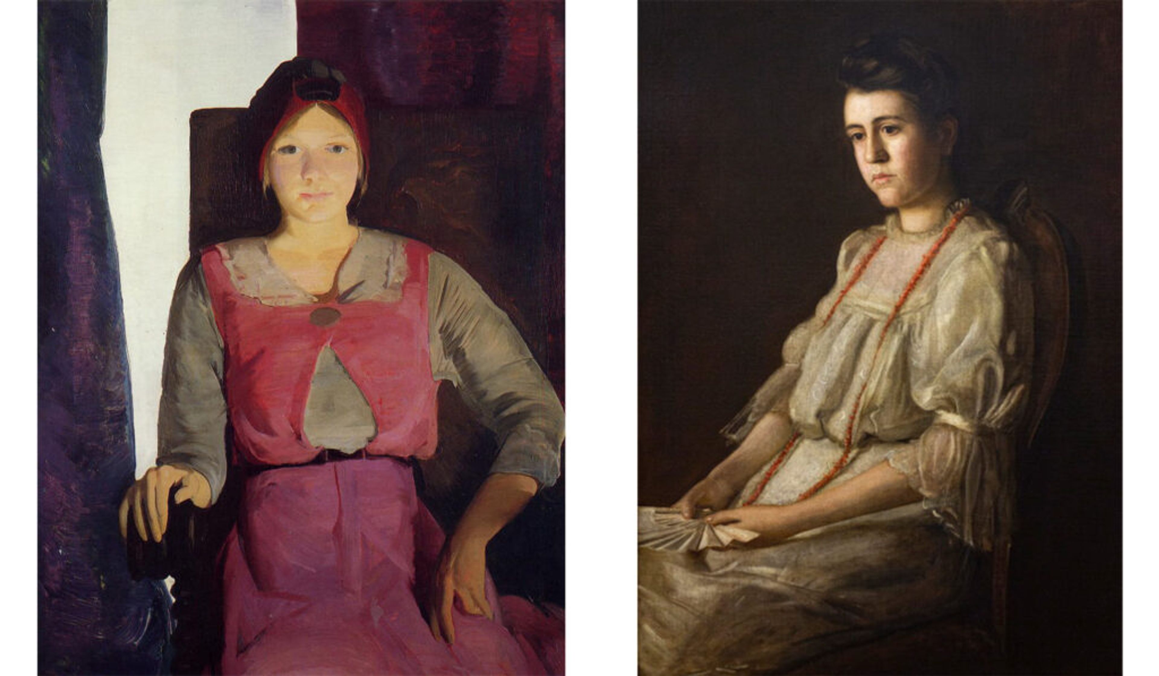 Left : George Bellows, Geraldine Lee , 1914, oil on panel, museum purchase. (Public domain/via Wikimedia) Right : Thomas Eakins, The Coral Necklace , 1904, oil on canvas, museum purchase. (Photo courtesy of the museum)