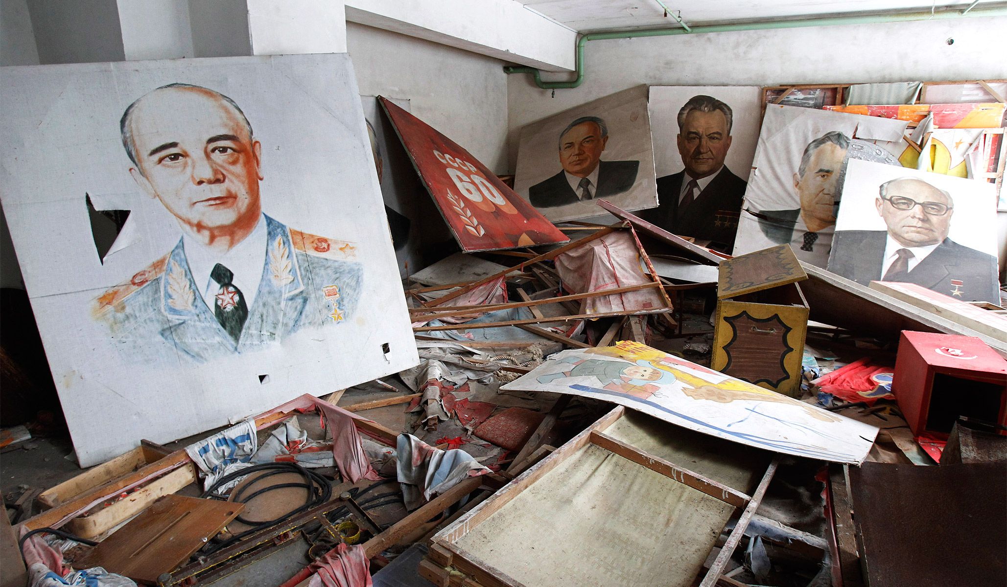 A room containing Soviet placards in the abandoned city of Pripyat near the Chernobyl nuclear power plant in Ukraine, February 22, 2011.