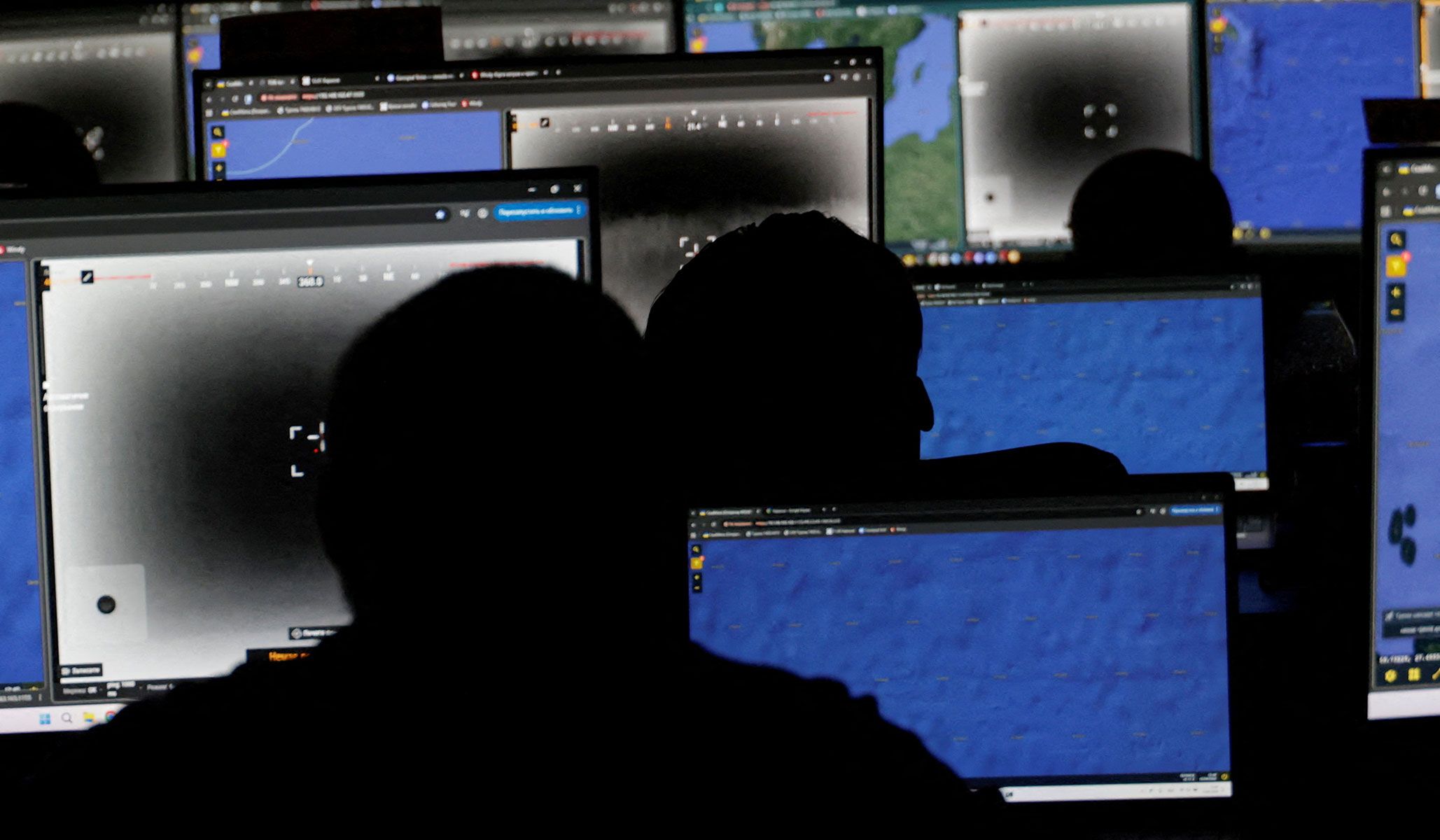 Employees of private company Carmine Sky monitor the sky for Russian drones in a control room in an undisclosed location in Ukraine April 10, 2026.