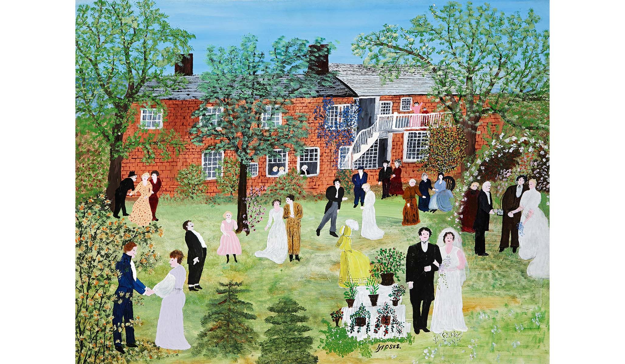 Grandma Moses, A Country Wedding , 1951, oil on pressed wood.