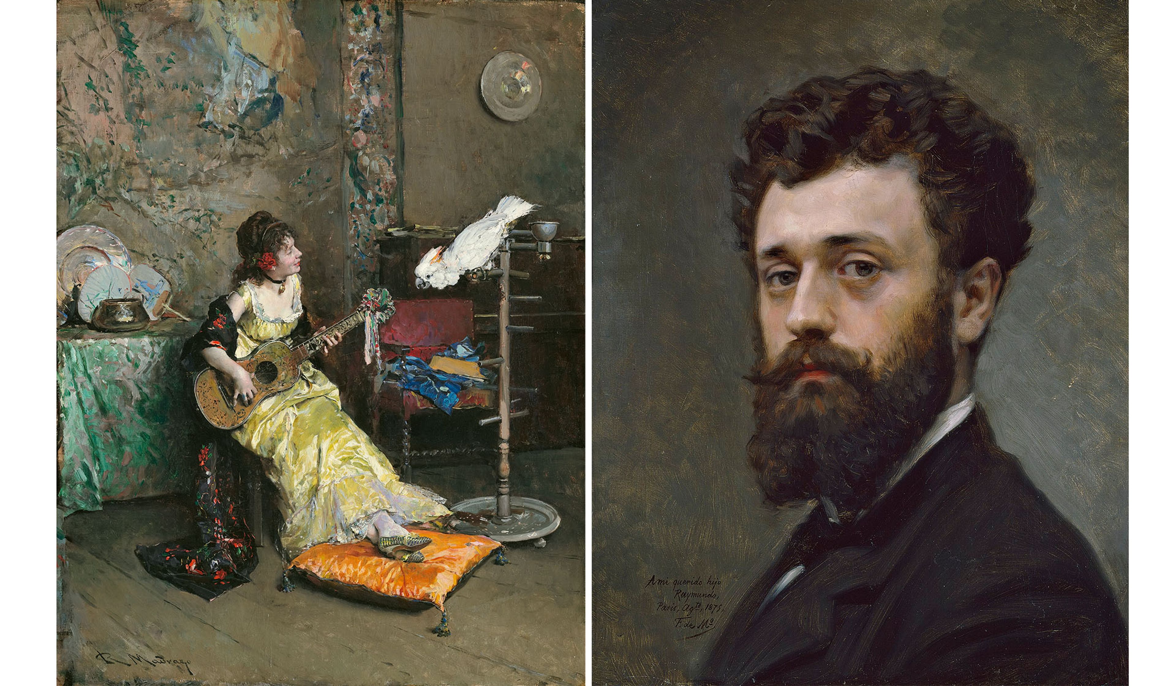 Left : Raimundo de Madrazo y Garreta, Woman with a Parrot , c. 1872, oil on canvas. (Clark Art Institute, Williamstown, Mass., photo by Michael Agee) Right : Federico de Madrazo y Kuntz, Raimundo de Madrazo y Garreta , 1875, oil on canvas. (Museo del Prado, Madrid)