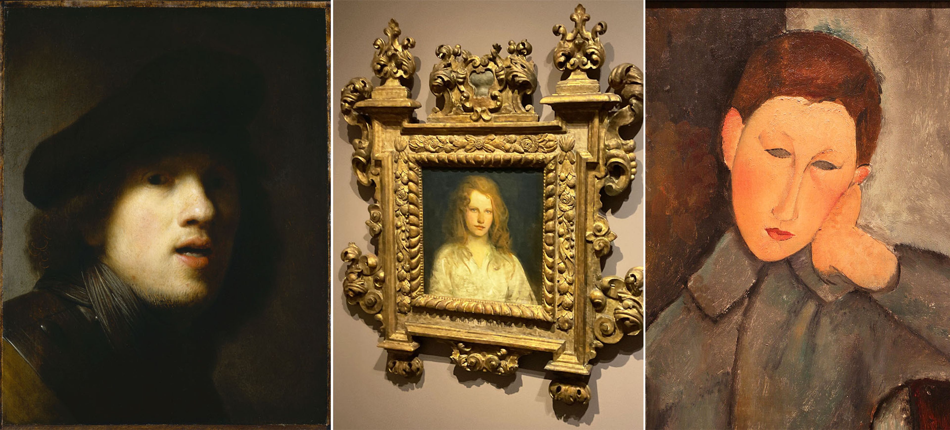 Left : Rembrandt van Rijn, Self-Portrait , c. 1629, oil on panel. (Indianapolis Museum of Art) Center : Gallery view, Abbott H. Thayer, Margaret McKittrick , c. 1903, oil on canvas. (Brian Allen) Right : Amedeo Modigliani, The Boy , 1919, oil on canvas. (Indianapolis Museum of Art)