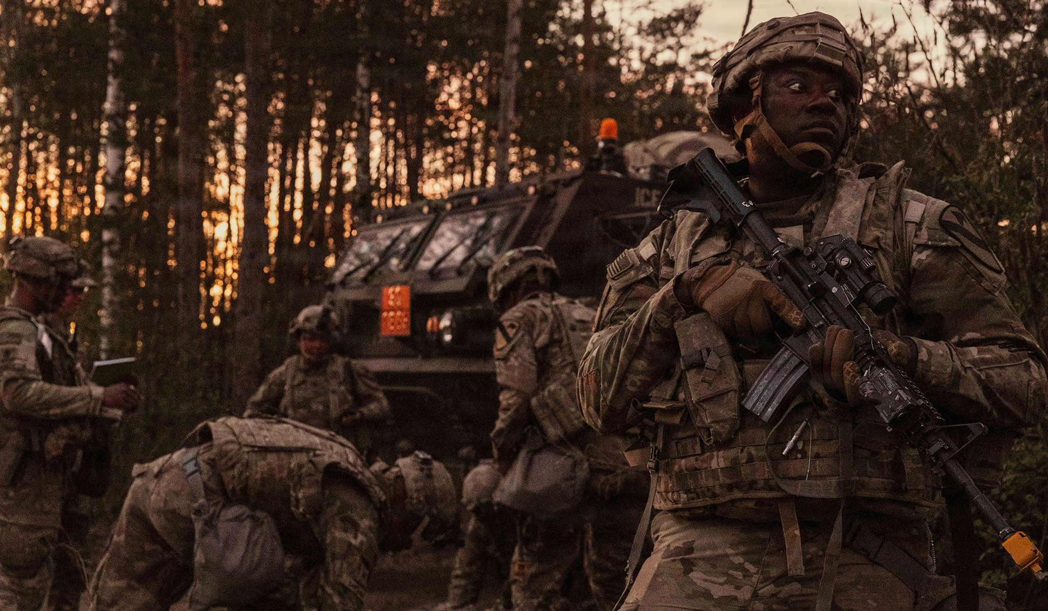 U.S. Army soldiers assigned to Third Brigade, First Cavalry Division, maintain surveillance for enemy activity and provide patient care during Exercise Combined Resolve 26-07 at the Amberg Military Training Site, Joint Multinational Readiness Center, Germany, April 24, 2026.
