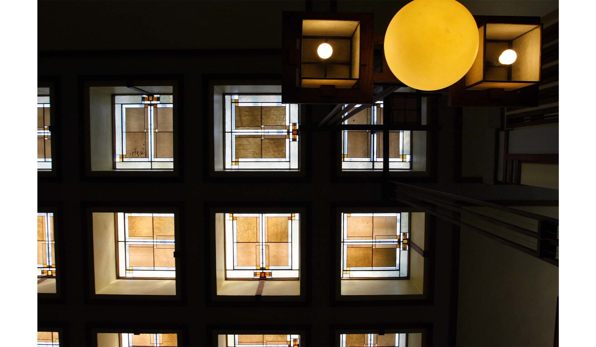 Wright ceilings go modern, too, at the Unity Temple.