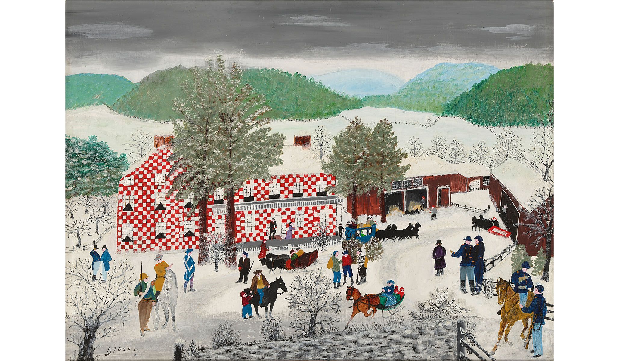 Grandma Moses, Checkered House , 1955, oil and glitter on high-density fiberboard.