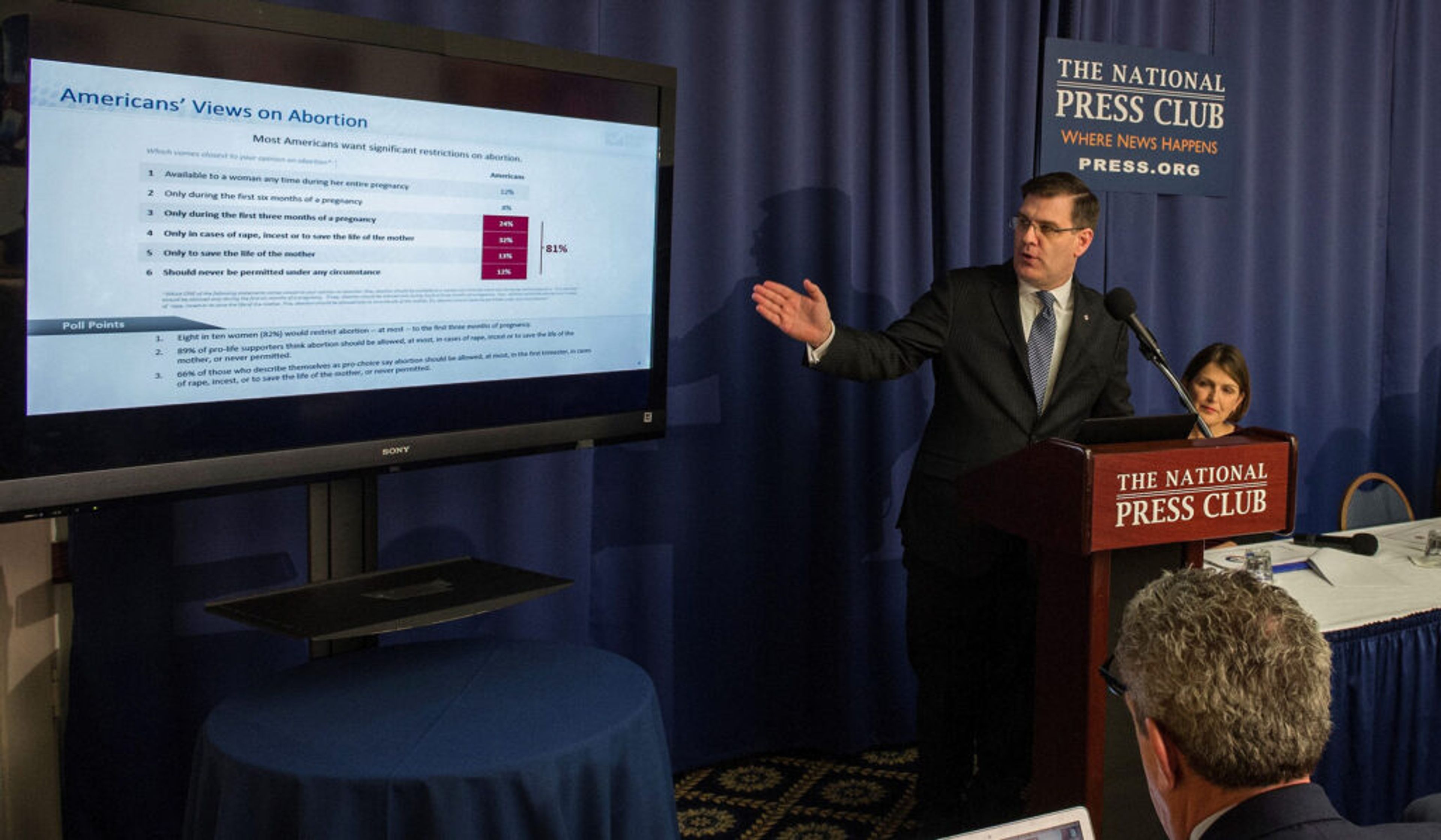 Andrew Walther speaking in 2016 at the National Press Club about abortion polling numbers commissioned by the Knights from Marist.