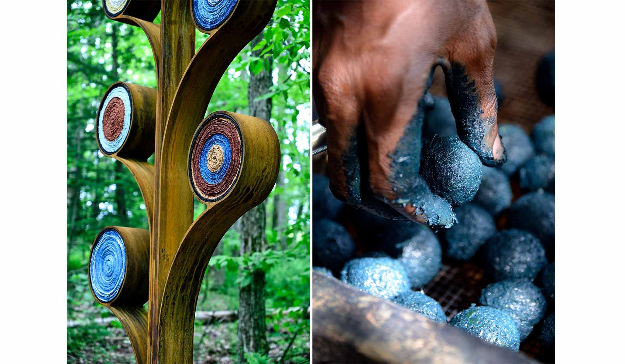 Left : Detail of Aboubakar Fofana’s Bana Yiriw ni Shi Folow (Trees and Seeds of Life) , June 2025. (Courtesy of the Clark Museum, photo: Thomas Clark) Right : Aboubakar Fofana making indigo dye. (Courtesy of the Clark Art Institute, photo: François Goudier)