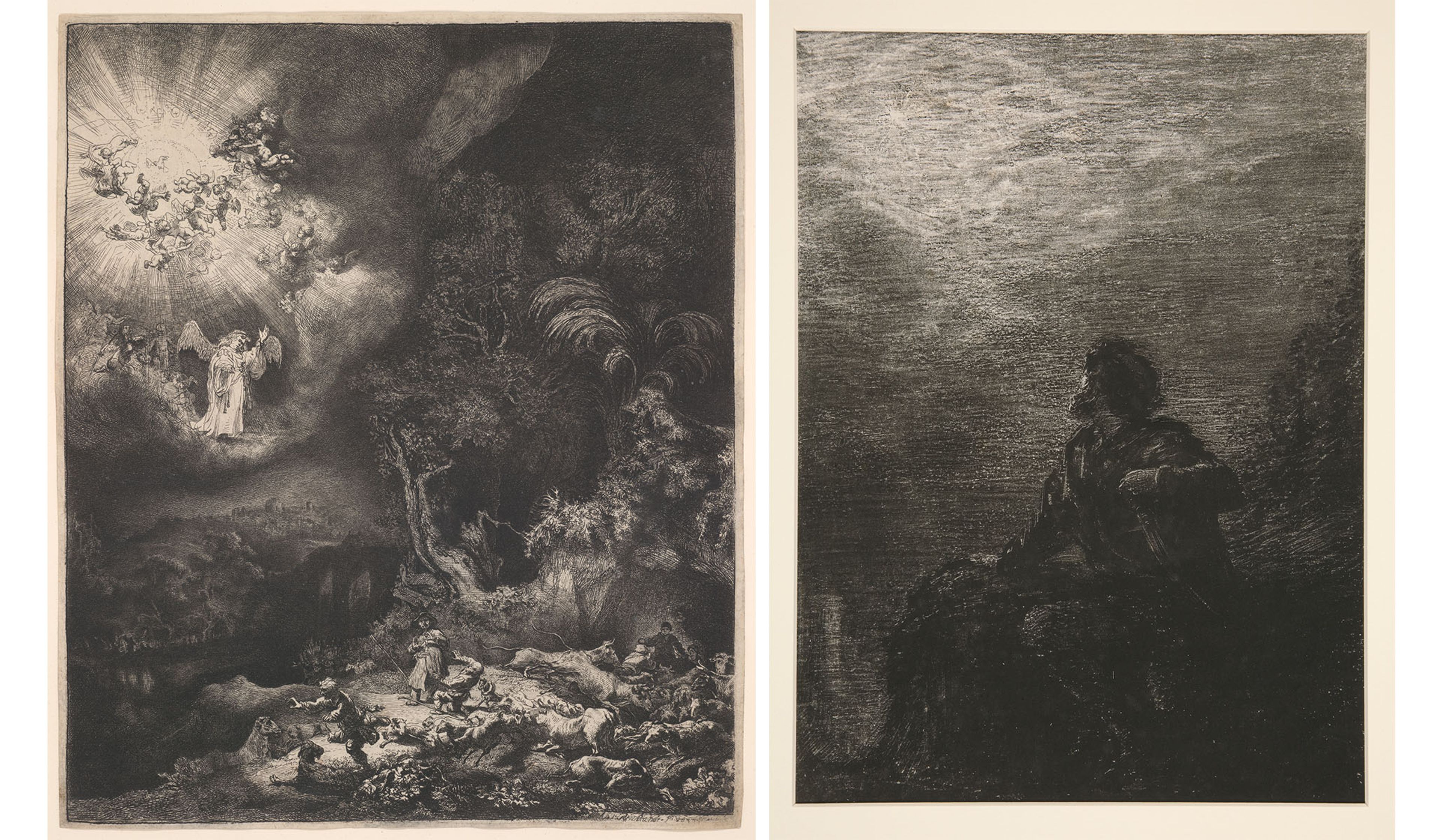 Left : Rembrandt van Rijn, The Angel Appearing to the Shepherds , 1634, etching, engraving, and drypoint. (Yale University Art Gallery) Right : Henri Fantin-Latour, The Evening Star , 1877, lithograph. (The Cleveland Museum of Art)