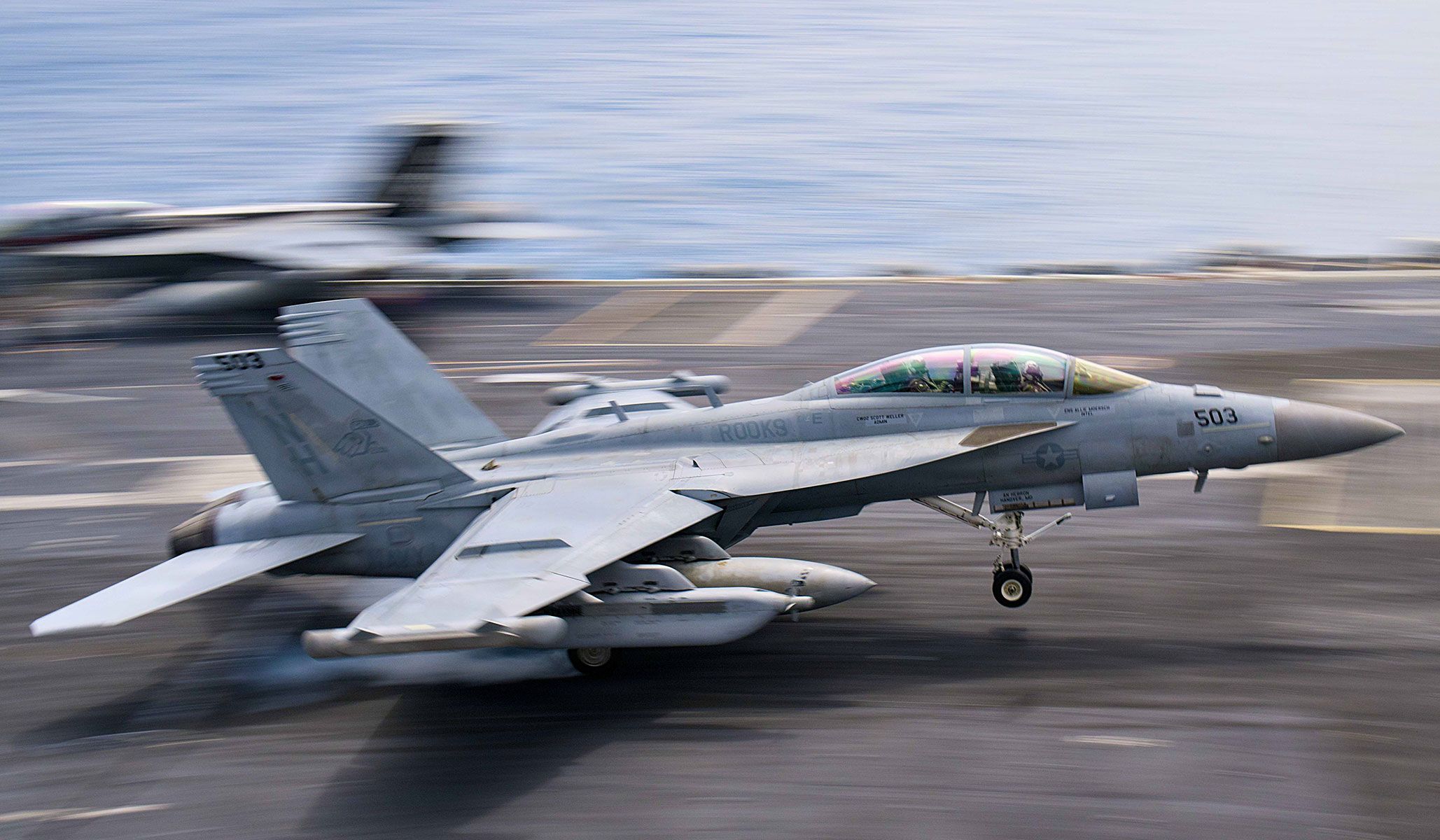 A U.S. Navy EA-18G Growler assigned to the “Rooks” of Electronic Attack Squadron VAQ-137 lands on the flight deck of the Nimitz-class aircraft carrier USS <i>Theodore Roosevelt</i> (CVN-71), under way in the U.S. Third Fleet area of operations, April 17, 2026.