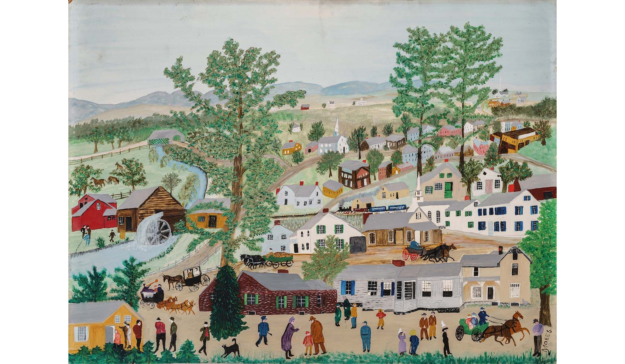 Grandma Moses, Busy Street , 1952, oil on board.