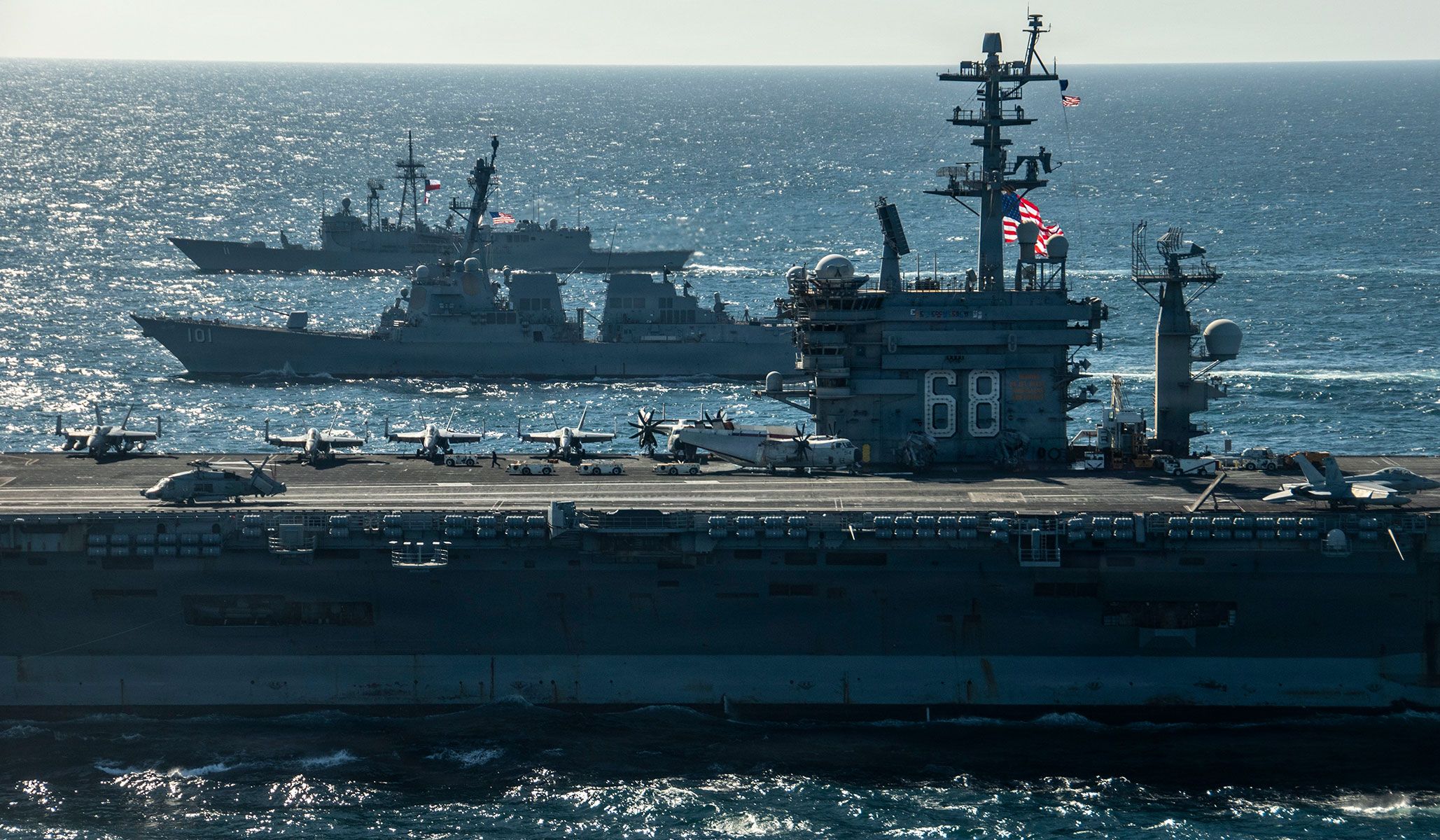 From top: The Chilean Navy Adelaide-class guided-missile frigate CNS <i>Capitan Prat</i> and the U.S. Navy Arleigh Burke-class guided-missile destroyer USS <i>Gridley</i> (DDG-101) and aircraft carrier USS <i>Nimitz</i> (CVN-68) steam together during a bilateral maritime engagement in the Pacific Ocean, April 21, 2026.