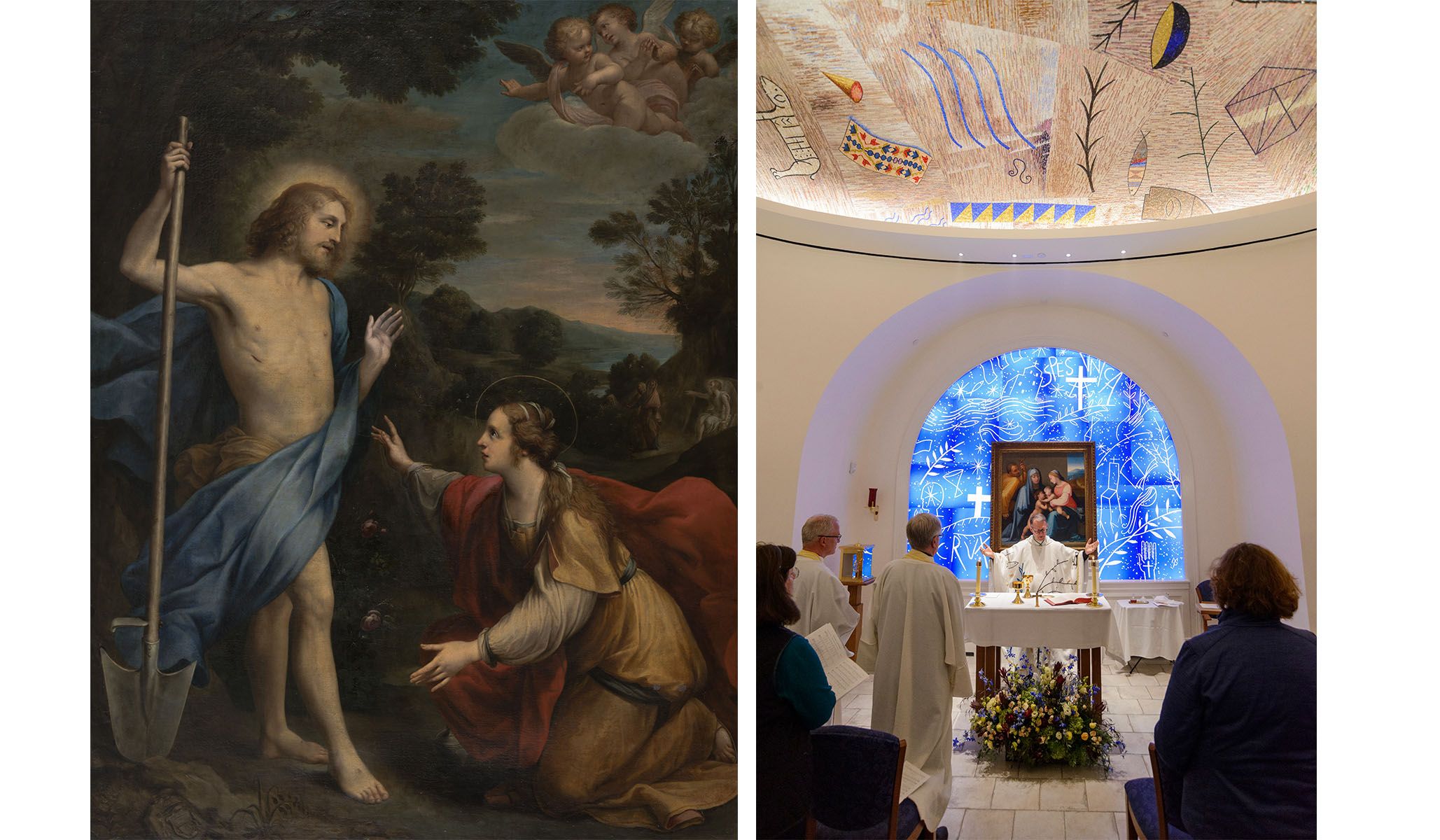 Left : Vincenzo Spisanelli, Noli Me Tangere , 1640, oil on canvas, displayed at the entrance to the museum chapel. Right : View of the museum chapel.