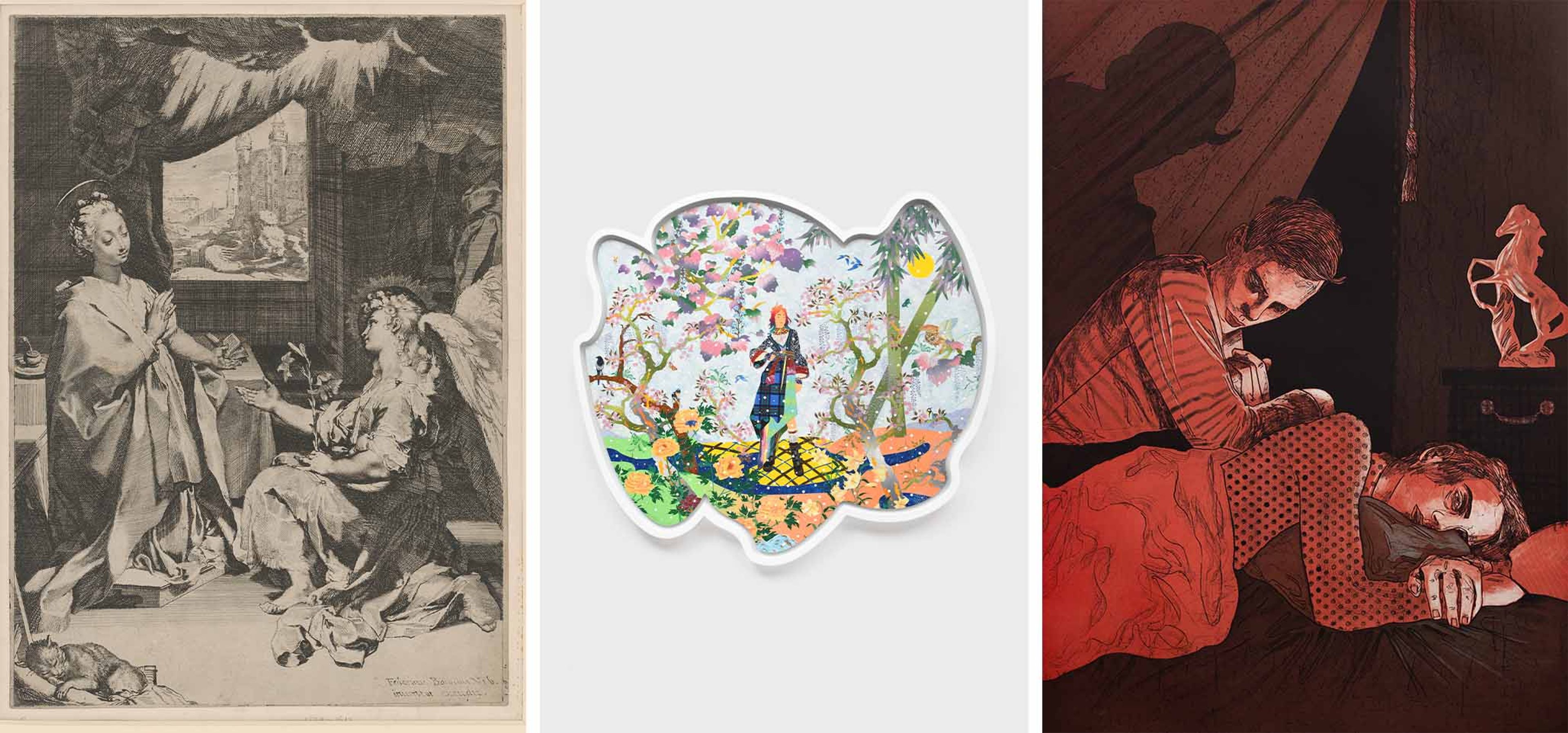 A rare Barocci at Hill Stone, the venerable Old Master dealer, Matsuyama’s multimedia triumph, and Lehmann Maupin’s devilish print by Hernan Bas show the range of the fair. Left : Federico Barocci, The Annunciation , c. 1582, etching and engraving. (Courtesy of Cultural Counsel) Center : Tomokazu Matsuyama, The True Oasis Erase , 2025, ink, acrylic, collagraph, relief, engraving, jigsaw, pochoir, and collage with hand finishing. (Photo courtesy of Pace Prints. © Tomokazu Matsuyama) Right : Hernan Bas, Nightmare (red) , 2024, color aquatint, spitbite aquatint, and soft-ground etching with chine collé. (Courtesy of Cultural Counsel)