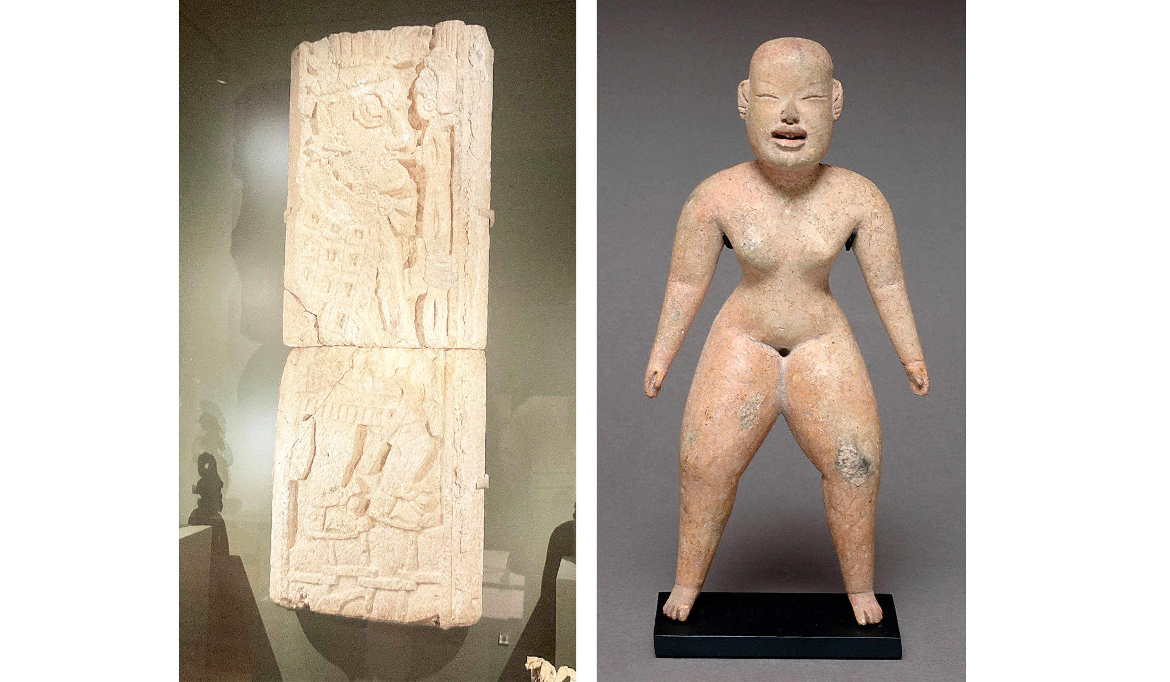 Left : Maya stele depicting a merchant god smoking a cigar, around 900 A.D. (Brian Allen) Right : Unrecorded Olmec artist, Standing Female Figure , 1500–1300 B.C., ceramic. (Courtesy of the University of Notre Dame)