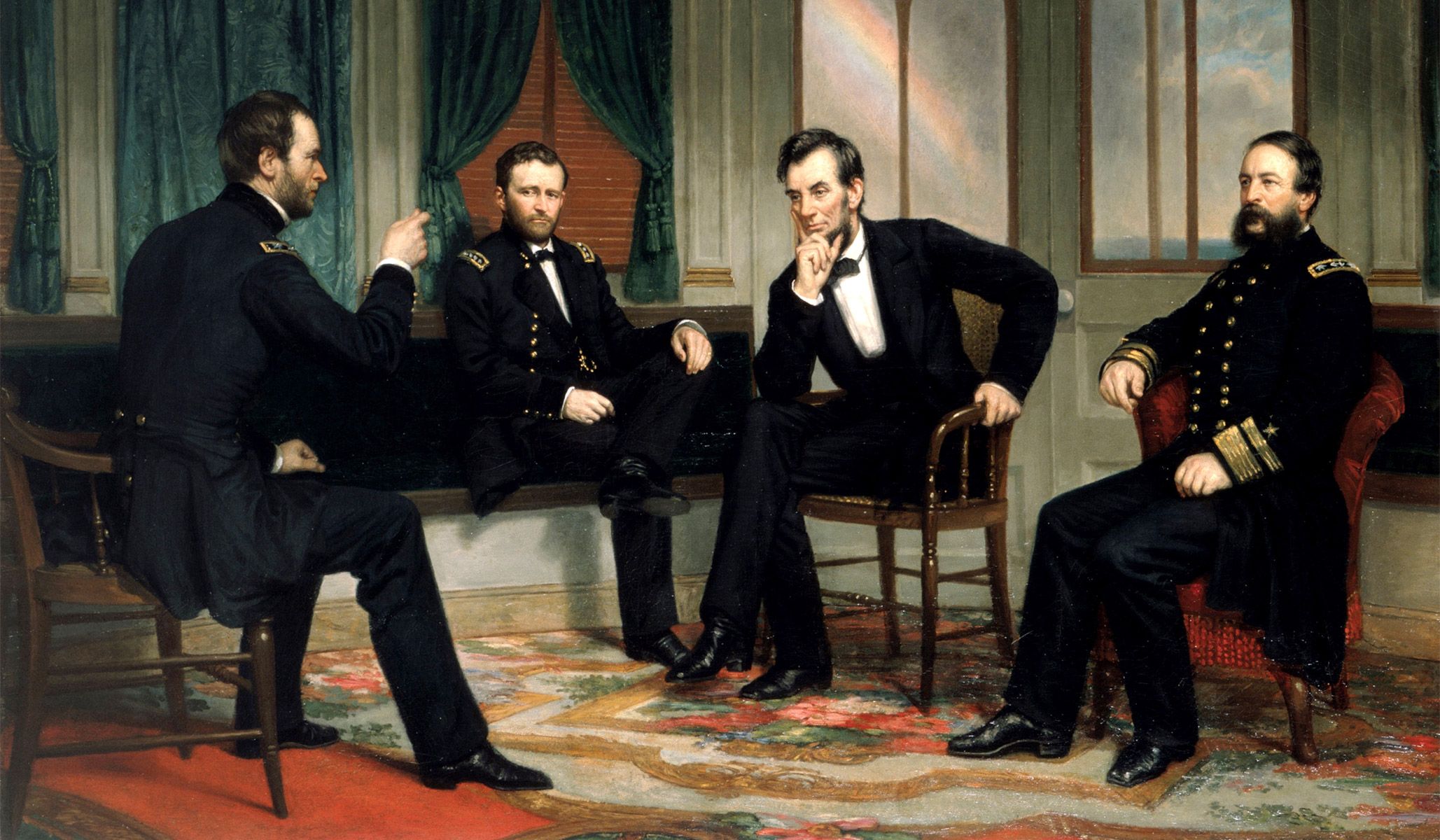 Detail of <i>The Peacemakers</i>, c. 1868, by George P.A. Healy, portraying (from left) General William Tecumseh Sherman, General Ulysses S. Grant, President Abraham Lincoln, and Rear Admiral David Dixon Porter aboard the steamboat <i>River Queen</i> weeks before the fall of Petersburg, Va., March 1865.