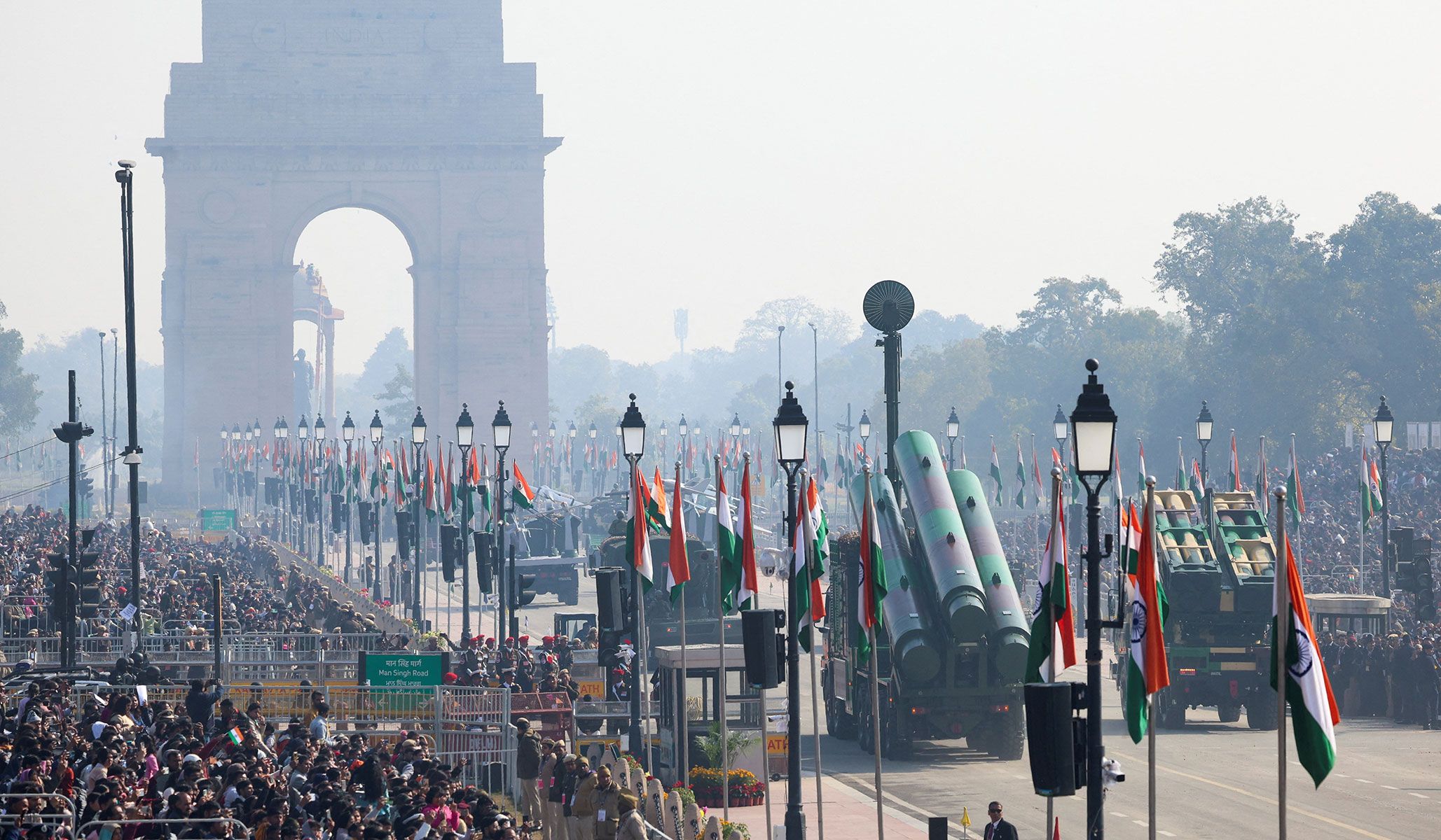 India Army BrahMos missile launcher displayed during the Republic Day parade in New Delhi, India, January 26, 2026.