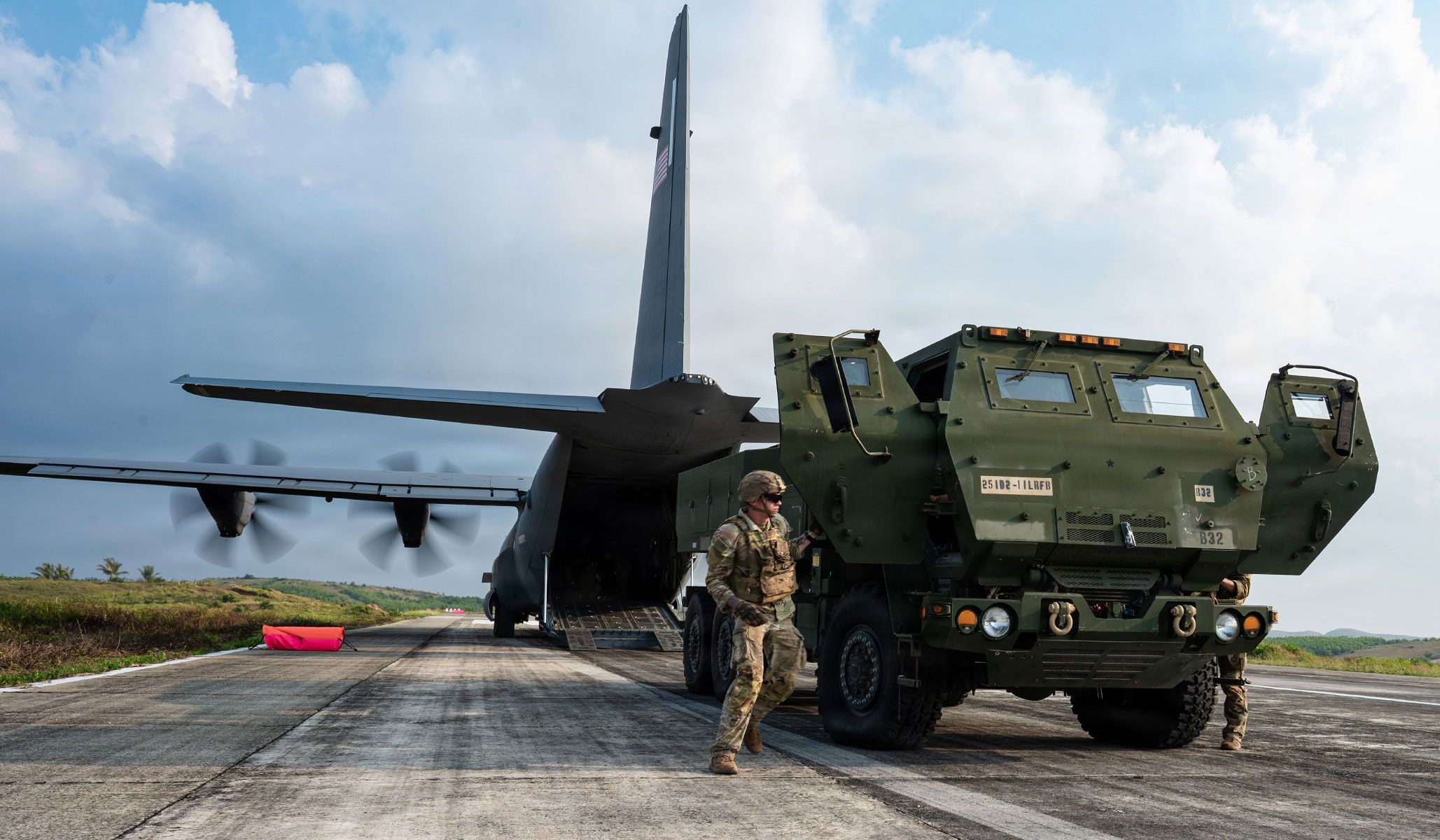 U.S. Army Private First Class Chandler Daniels, a M142 High Mobility Artillery Rocket System gunner assigned to 25th Infantry Division Artillery, performs vehicle checks during a HIMARS Rapid Insertion in support of Exercise Balikatan 2026 in Itbayat, Philippines, April 23, 2026.