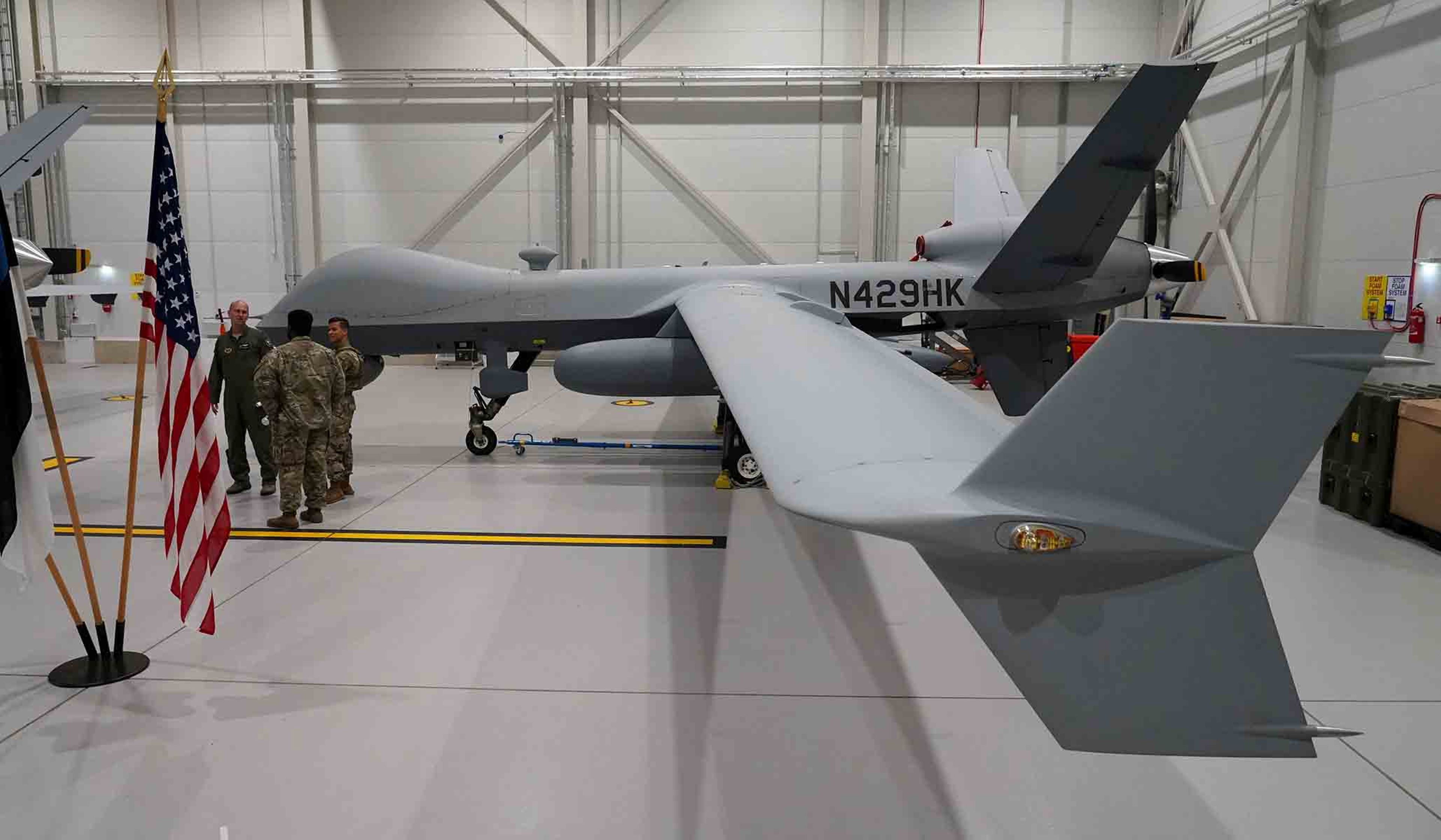 A U.S. Air Force MQ-9 Reaper drone sits in a hanger at Amari Air Base in Estonia, July 1, 2020.