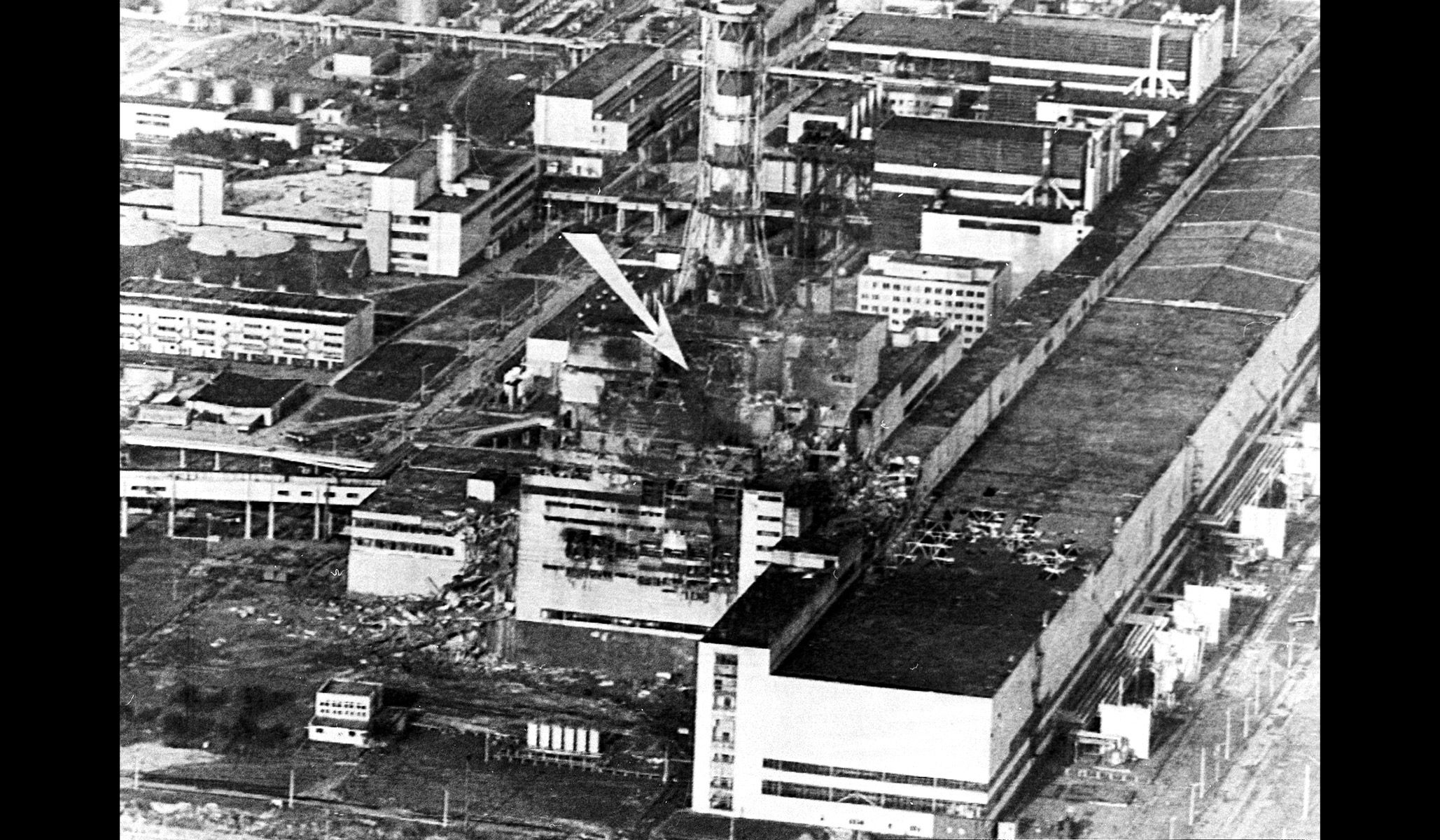 The Chernobyl nuclear power plant, May 9, 1986. Arrow indicates the location of the accident which happened on April 26.