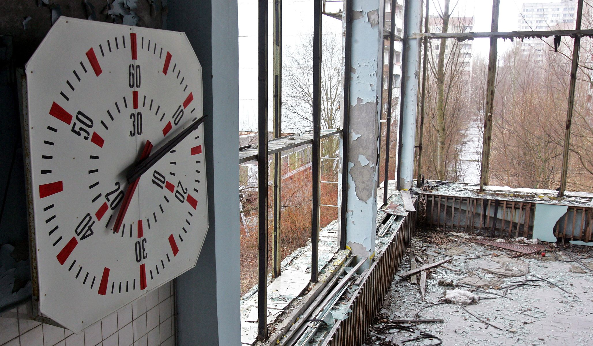 A clock at a swimming pool the abandoned town of Pripyat near the Chernobyl nuclear power plant, April 13, 2006.