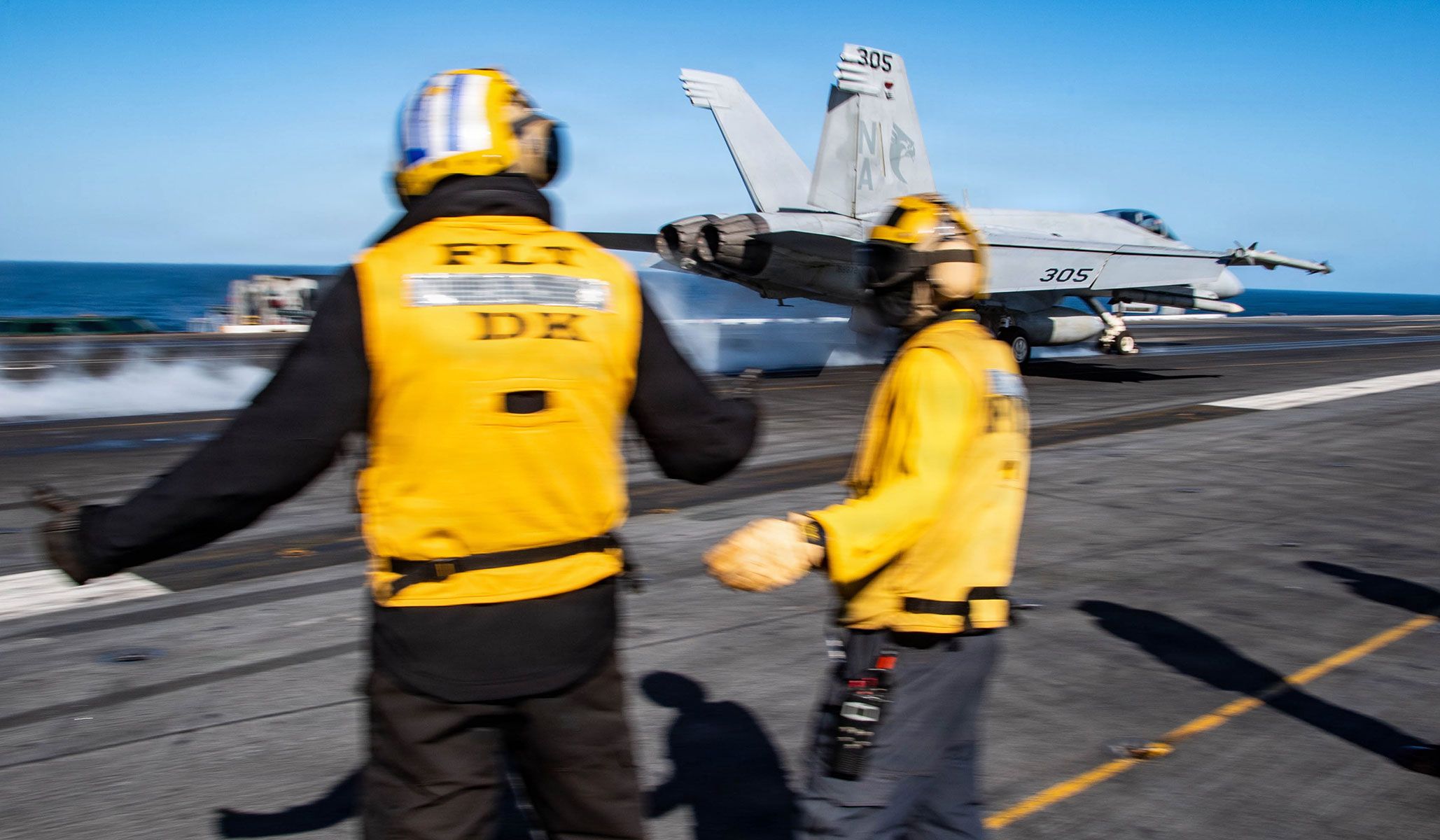 A U.S. Navy F/A-18E Super Hornet attached to the “Kestrels” of Strike Fighter Squadron VFA-137 launches off the flight deck of the aircraft carrier USS <i>Nimitz</i> (CVN-68), under way in the Pacific Ocean, April 22, 2026.