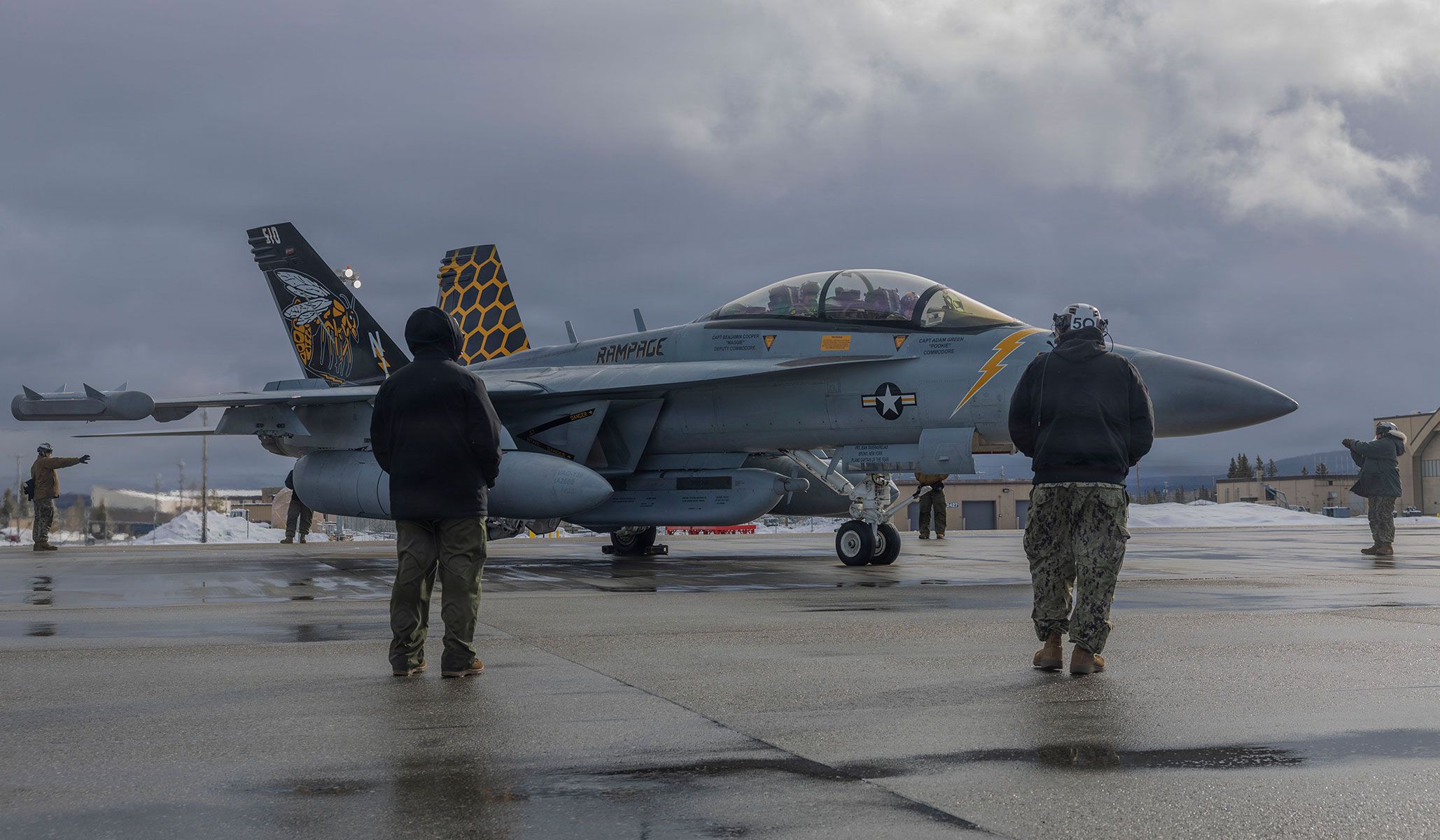 A U.S. Navy EA-18G Growler with the “Yellowjackets” of Electronic Attack Squadron VAQ-138 prepares for takeoff during Exercise RED FLAG-Alaska 26-1 at Eielson Air Force Base, Alaska, April 21, 2026.