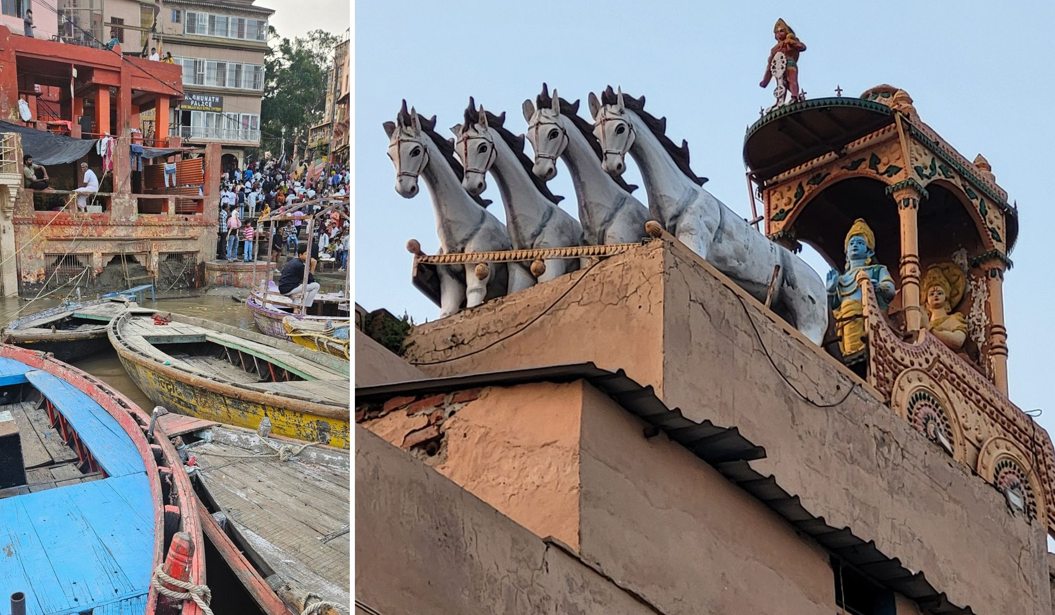 Left: A scene on the Ganges. Right: A rooftop near the Ganges in Varanasi.