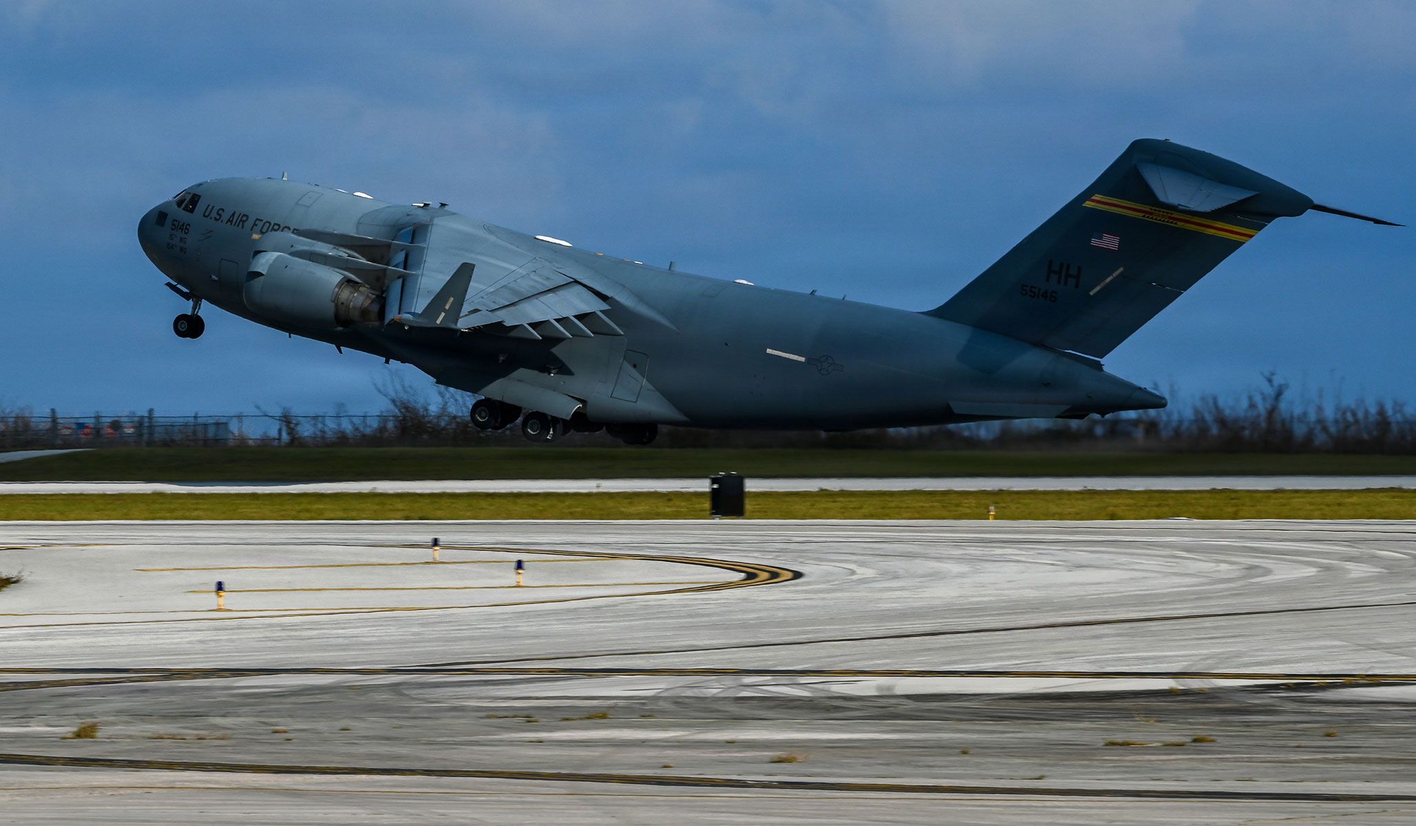 A U.S. Air Force C-17 Globemaster III lifts off the runway at Saipan International Airport, Saipan, Commonwealth of the Northern Mariana Islands, April 22, 2026.