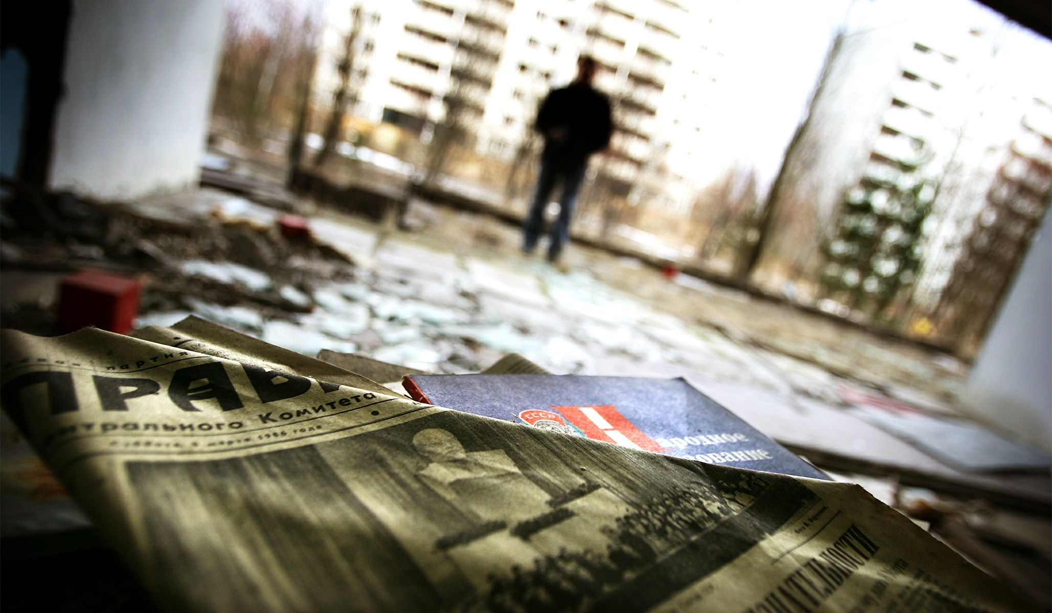 Newspapers from March 1986 with a picture of Soviet state founder Vladimir Lenin in an empty building in the abandoned town of Pripyat near the Chernobyl nuclear power plant in Ukraine, March 31, 2006.
