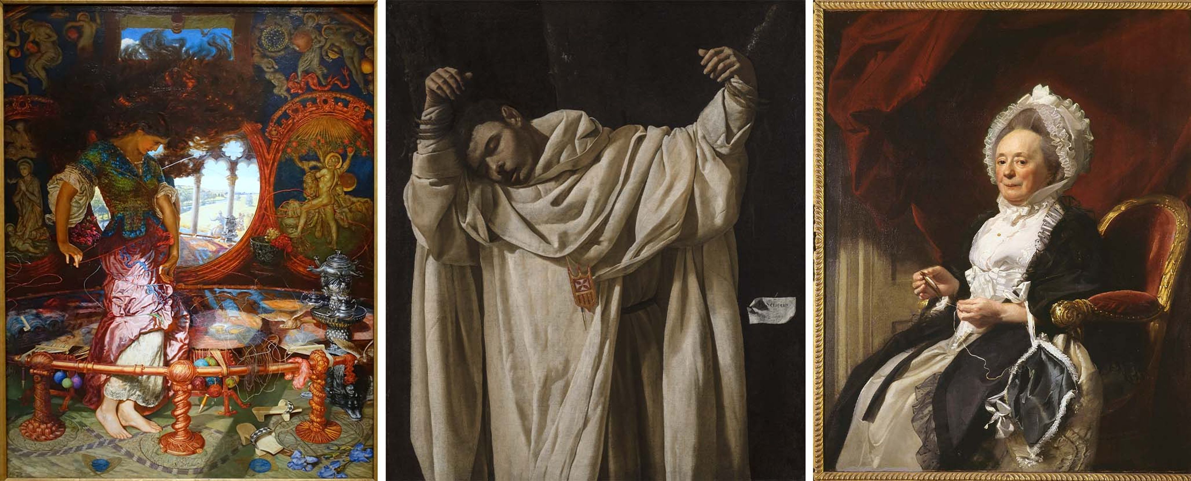 Three favorites at the Wadsworth Atheneum, but there are many, many more at what is likely the best collection in a small-city museum in America. Left : William Holman Hunt, The Lady of Shalott , c. 1888–1905, oil on canvas. Center : Francisco de Zurbarán, Saint Serapion , 1628, oil on canvas. Right : John Singleton Copley, Bridget Forrester Foot , 1778, oil on canvas.