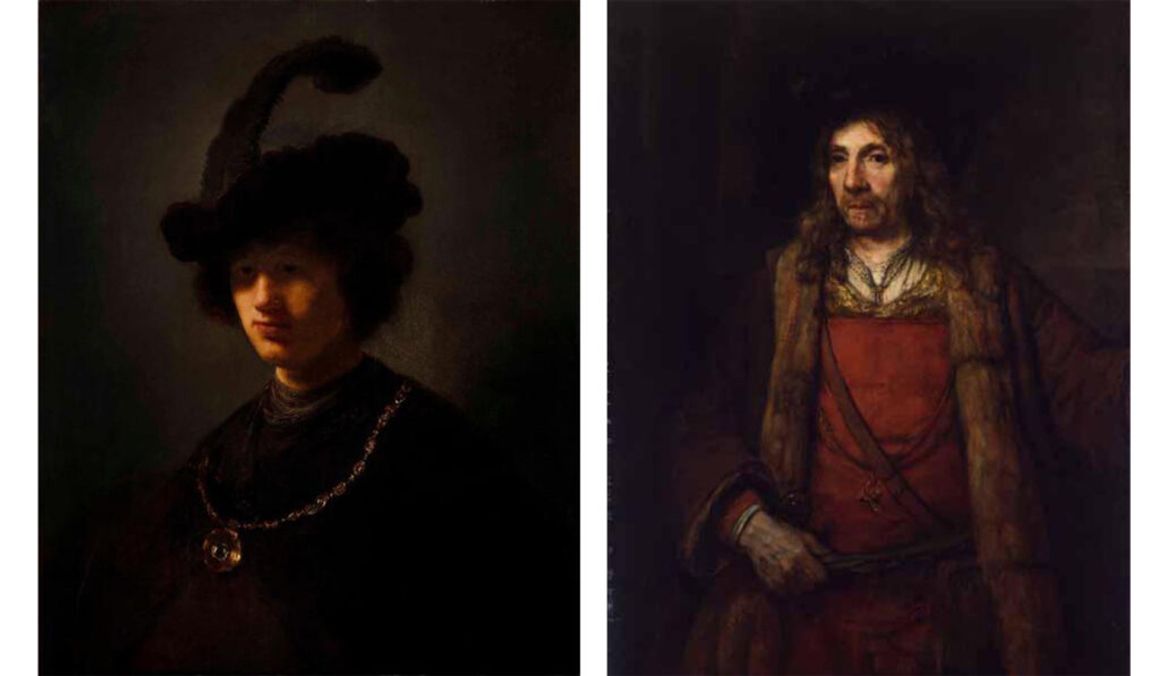 Left : Rembrandt Harmensz van Rijn, Young Man with a Plumed Hat , 1631, oil on wood panel. (Gift of Edward Drummond Libbey, photo courtesy of the Toledo Museum of Art) Right : Rembrandt Harmensz van Rijn, Man in a Fur-Lined Coat , about 1655–60, oil on canvas. (Clarence Brown Fund, photo courtesy of the Toledo Museum of Art)