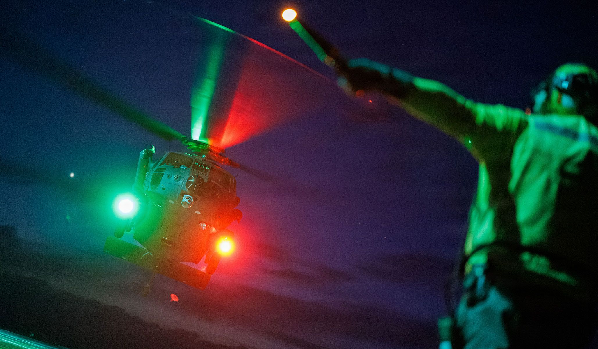 A U.S. Air Force HH-60W Jolly Green II assigned to the 56th Rescue Squadron lands on the flight deck of the Blue Ridge-class command and control ship USS <i>Mount Whitney</i> (LCC-20) during deck-landing qualifications in the Mediterranean Sea, April 14, 2026.