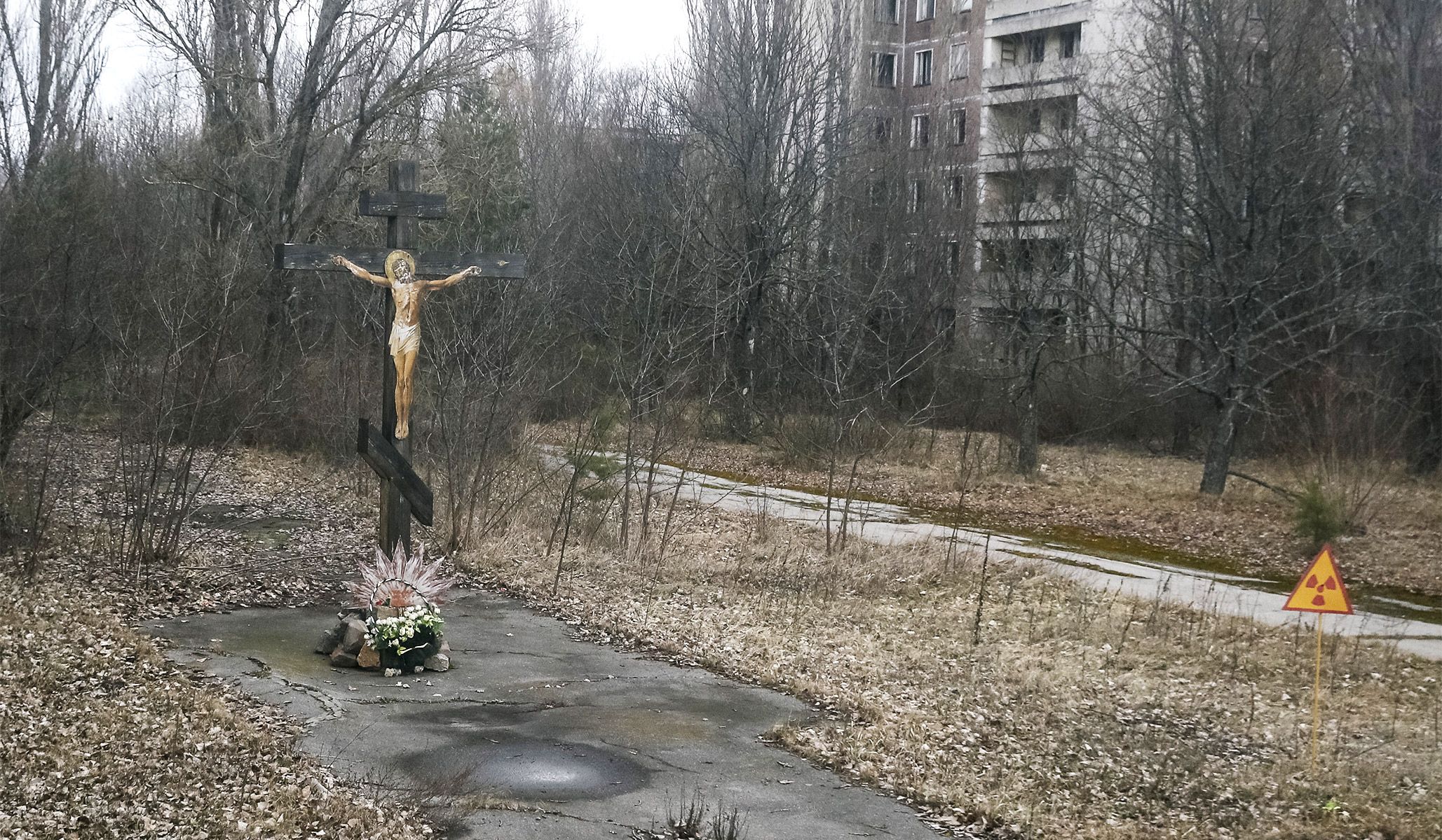 A cross and crucifix in the abandoned town of Pripyat near Chernobyl Nuclear Power Plant in Ukraine, March 23, 2016.