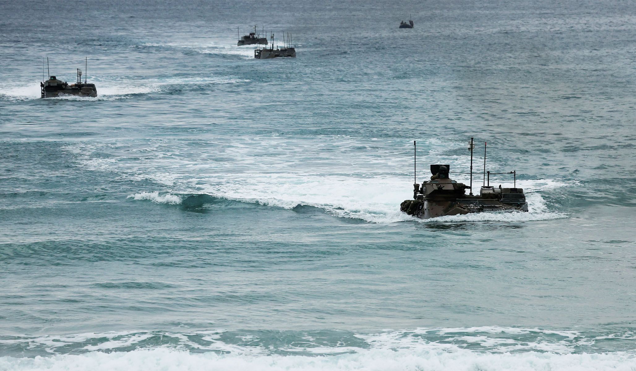 Amphibious assault vehicles of Japan’s Ground Self-Defense Force take part in a marine landing drill in Kagoshima prefecture, southwestern Japan.