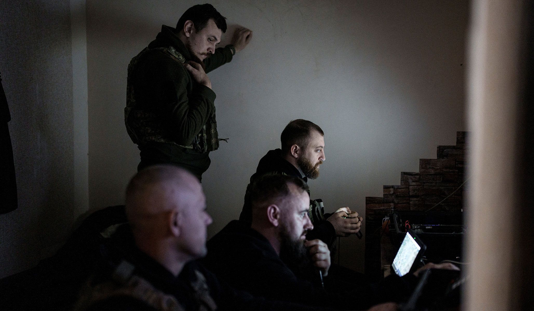 Servicemen of an air defense unit of the 24th Separate Mechanized Brigade of the Ukrainian Armed Forces fly with a P1-Sun FPV interceptor drone during their combat shift in Donetsk Region, Ukraine, April 26, 2026.