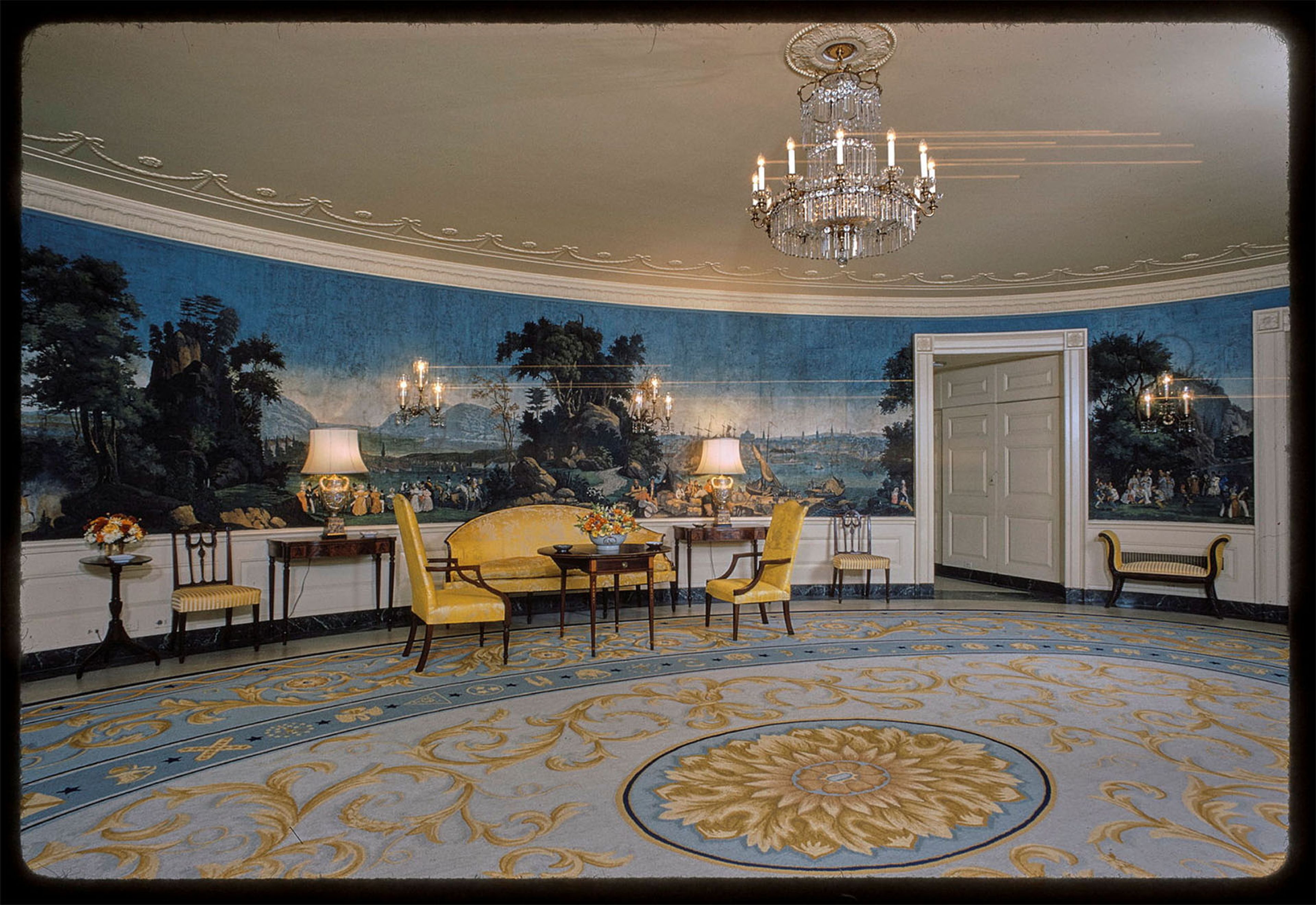 The Diplomatic Reception Room, with Zuber and Co. wallpaper from 1834, made in France and in the “Views of North America” pattern. The oval room has no windows, but with “Views of North America,” who needs them?