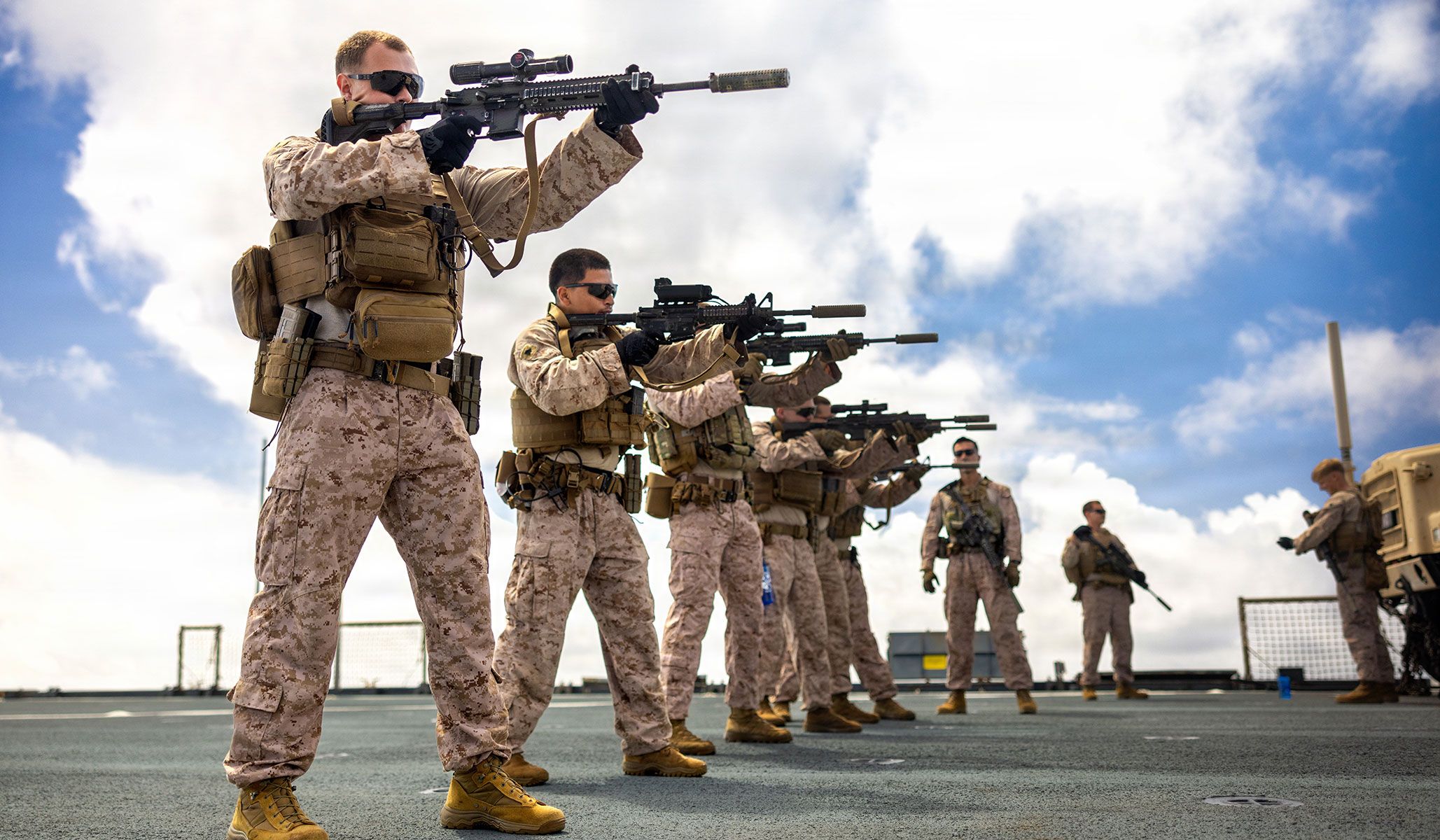 -U.S. Marines with Battalion Landing Team 3/5, 11th Marine Expeditionary Unit, conduct weapons manipulation training aboard the Whidbey Island-class dock landing ship USS <i>Comstock</i> (LSD-45), under way in the Pacific Ocean, April 14, 2026.