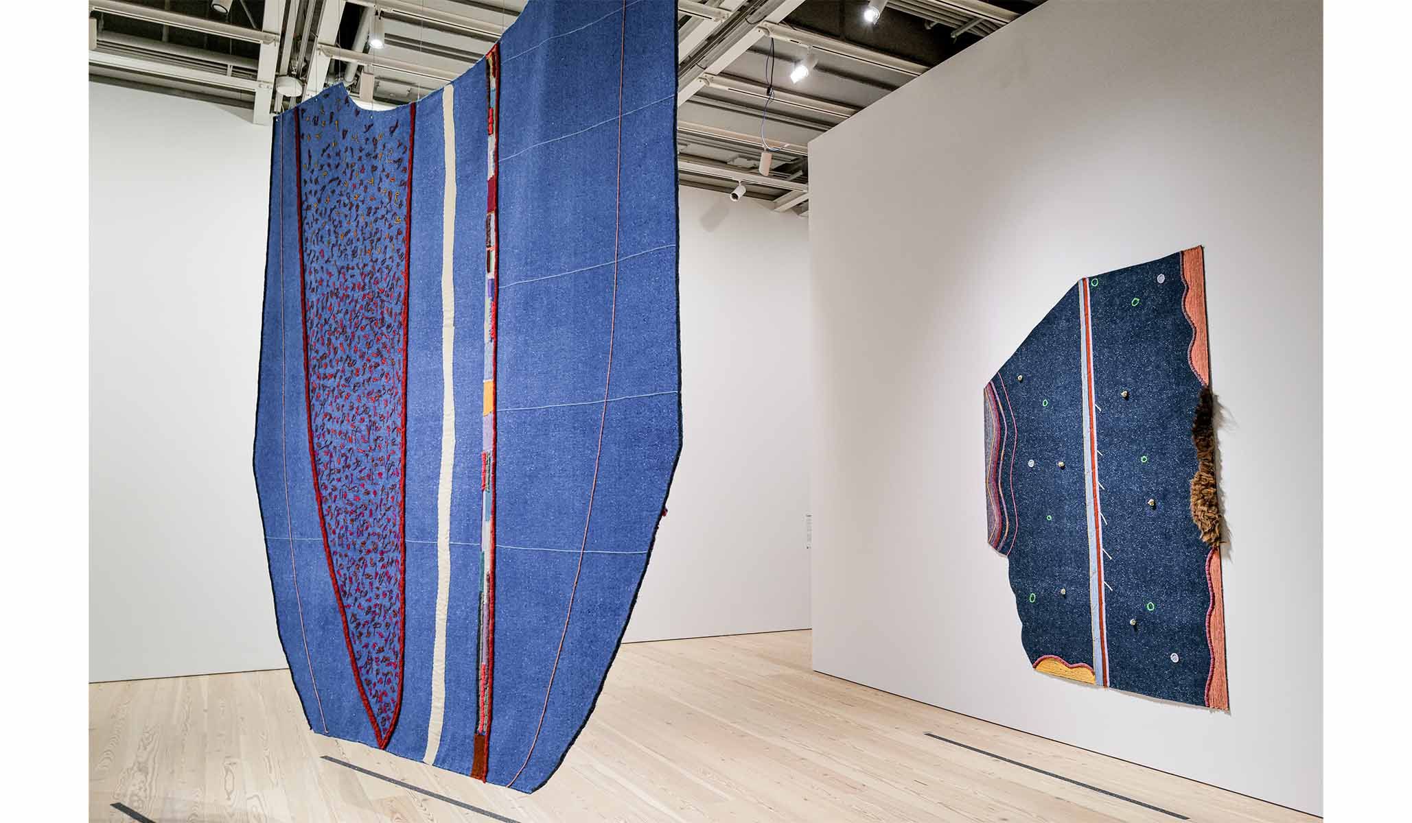 Installation view of Whitney Biennial 2026 . From left to right: Teresa Baker, The Harvest Melting on Our Tongue , 2025; Teresa Baker, Voluminous Day , 2025.