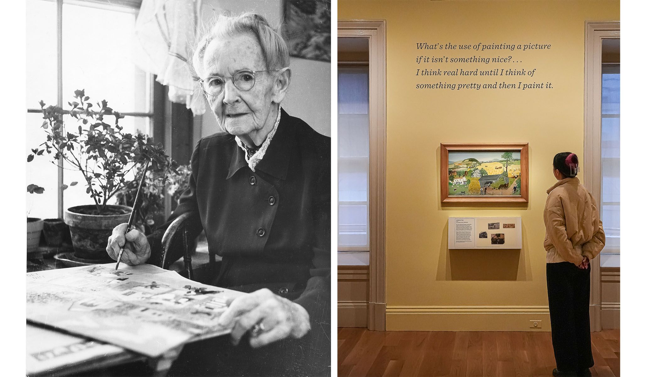 Left : Hildegard Bachert, Grandma Moses at Work , 1958. (© Grandma Moses Properties Co., N.Y.) Right : Installation view of Grandma Moses, In Harvest Time , 1945, oil on high-density fiberboard. (Installation photography of State Fairs: Growing American Craft , Renwick Gallery of the Smithsonian American Art Museum, 2025; Photo by Albert Ting)