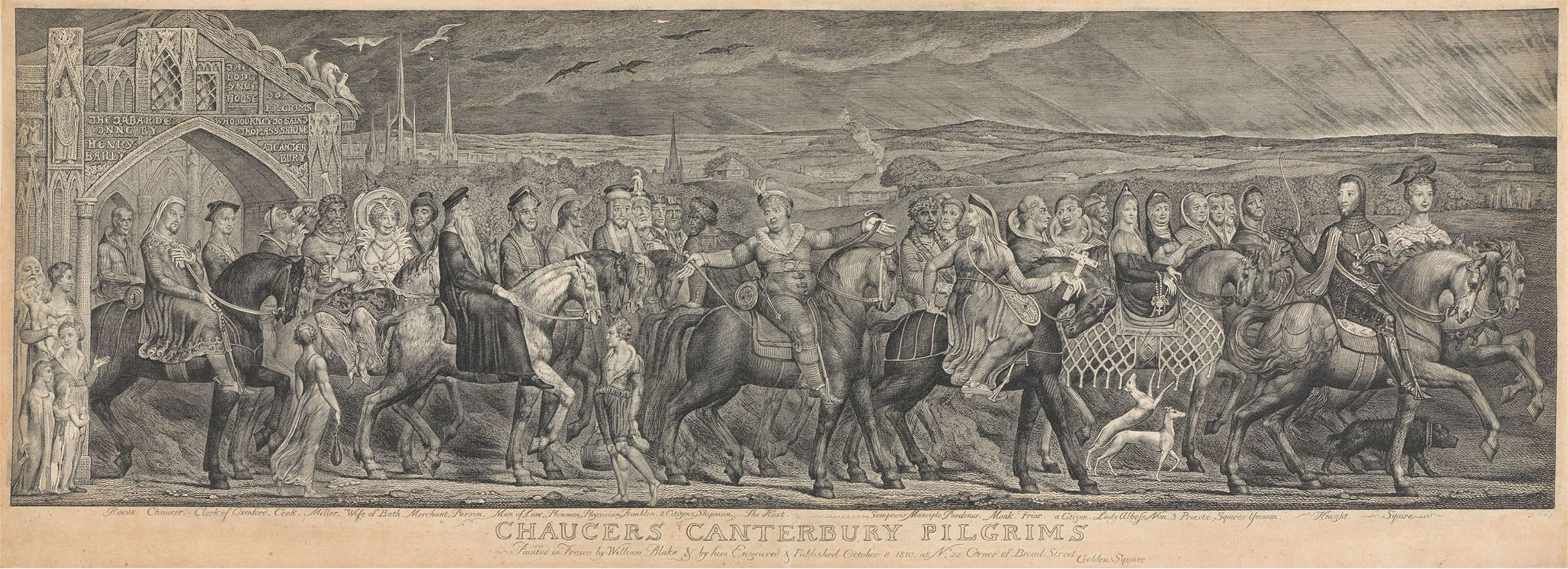 William Blake, Chaucer’s Canterbury Pilgrims , 1810–1820, etching and engraving on medium, slightly textured, cream wove paper.