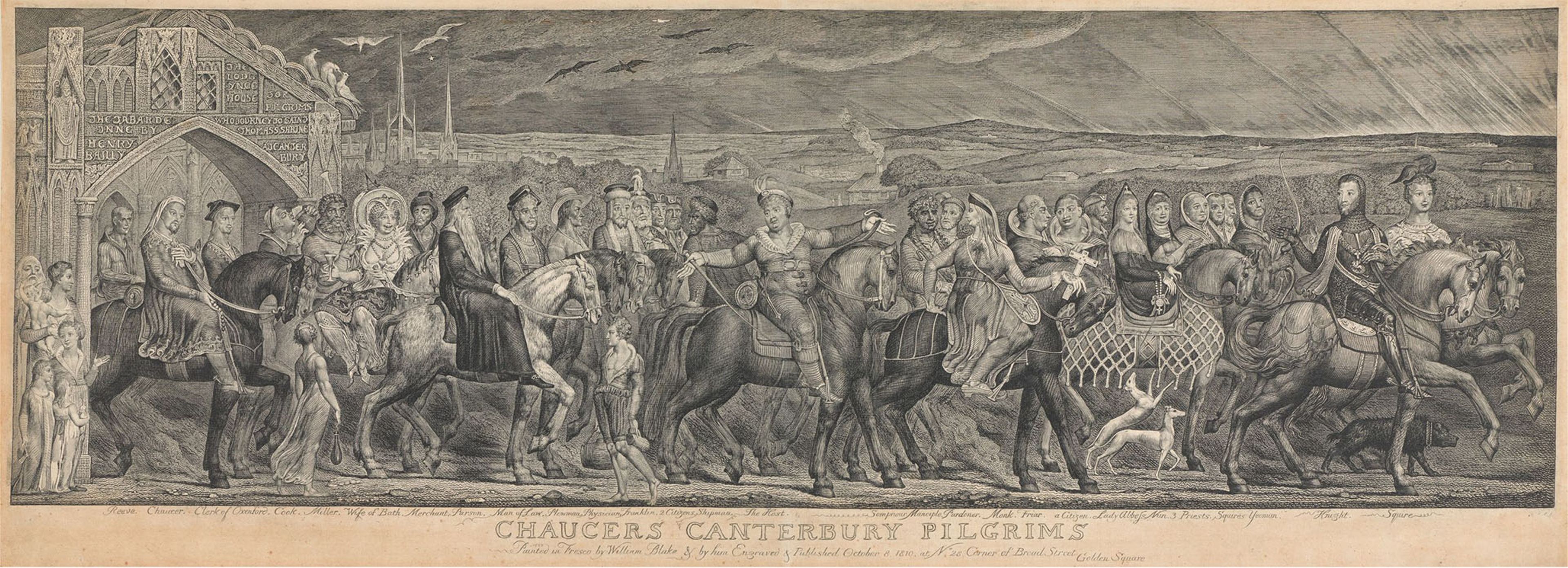 William Blake, Chaucer’s Canterbury Pilgrims , 1810–1820, etching and engraving on medium, slightly textured, cream wove paper.