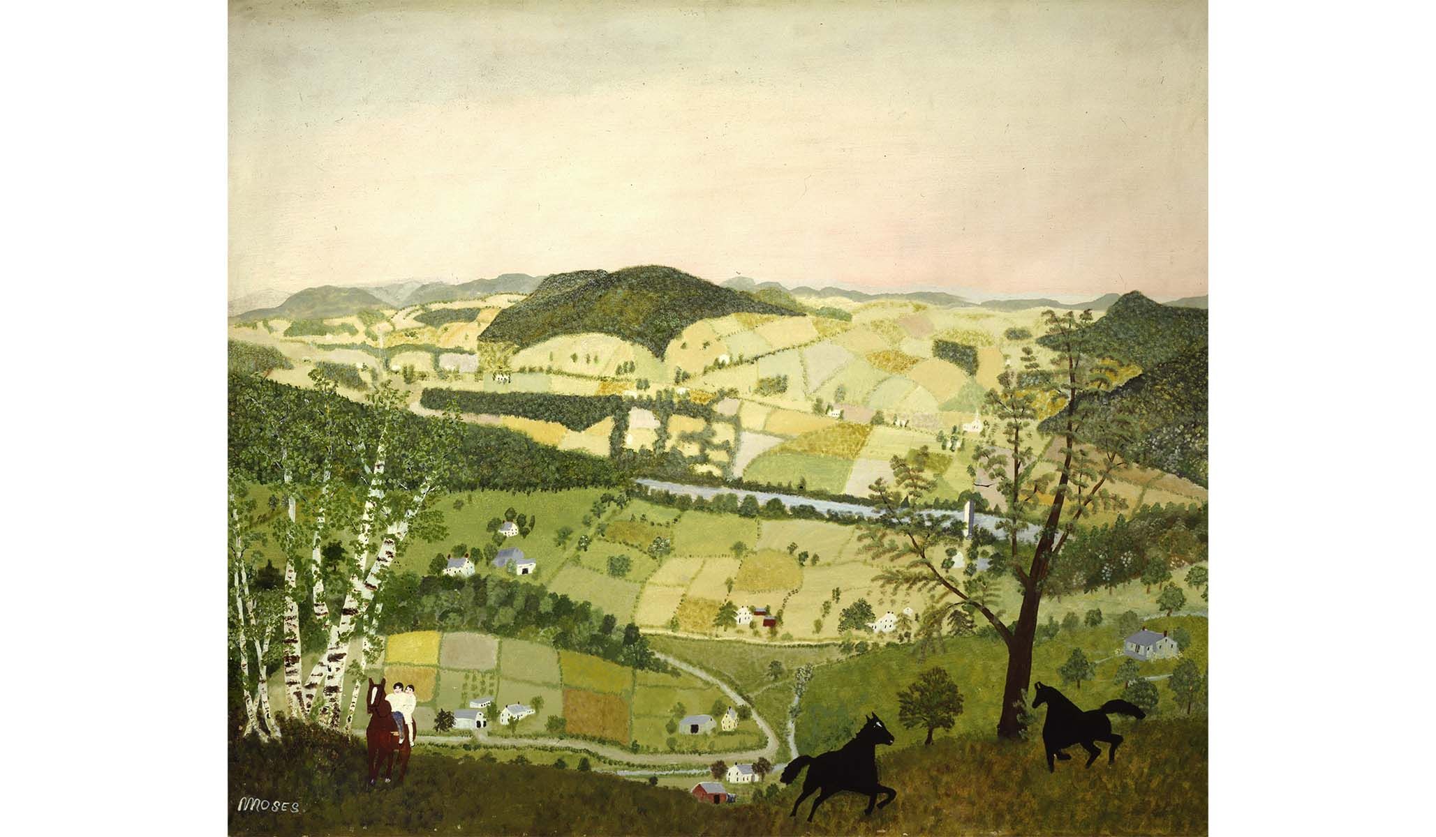 Grandma Moses, Black Horses , 1942, oil on high-density fiberboard.