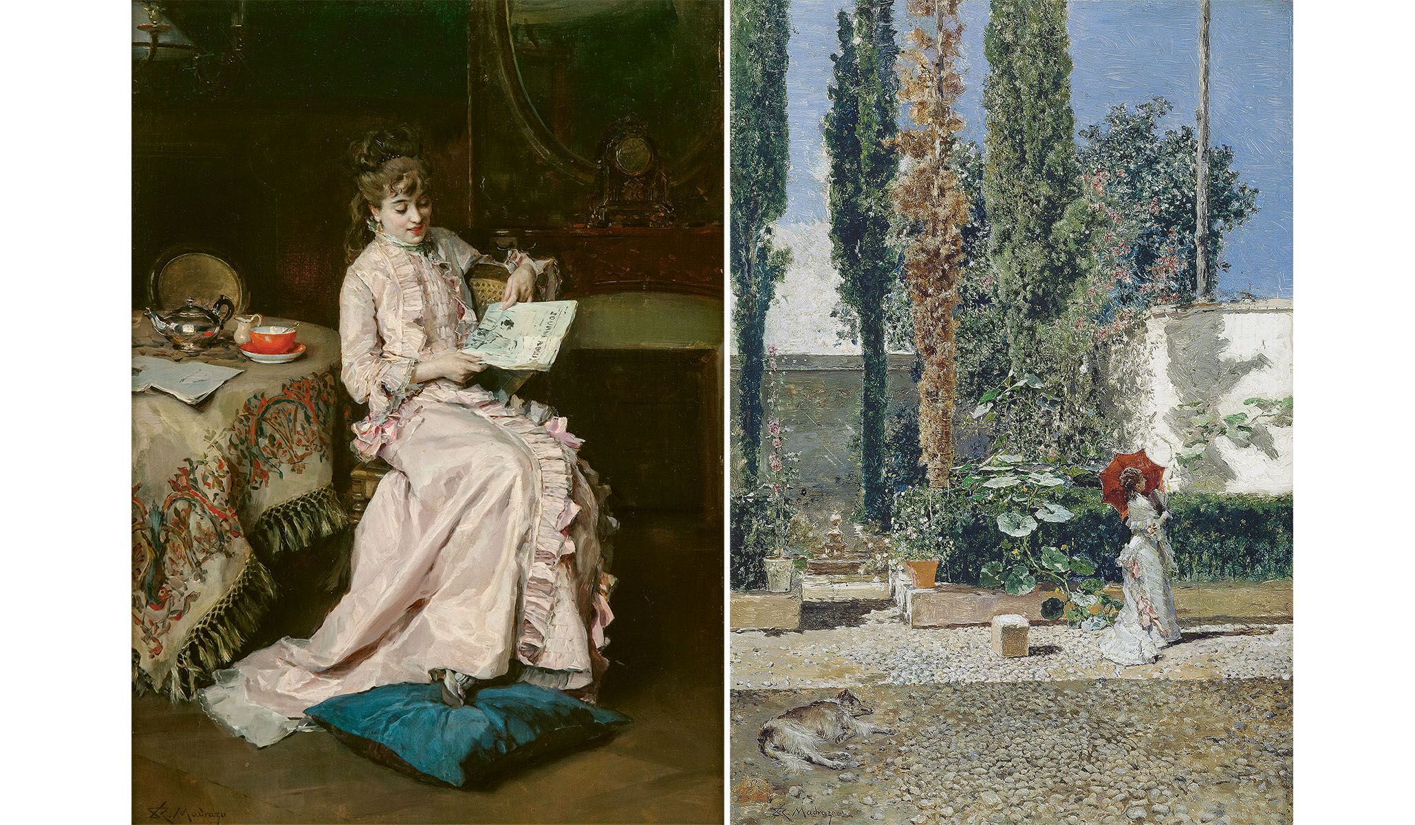 Left : Raimundo de Madrazo y Garreta, Aline Masson Reading , 1890–1891, oil on panel. (Courtesy of Southern Methodist University, © Pablo Linés) Right : Mariano Fortuny Marsal, The Garden of the Fortuny Residence , 1872–1877, oil on panel. (Museo del Prado, Madrid)