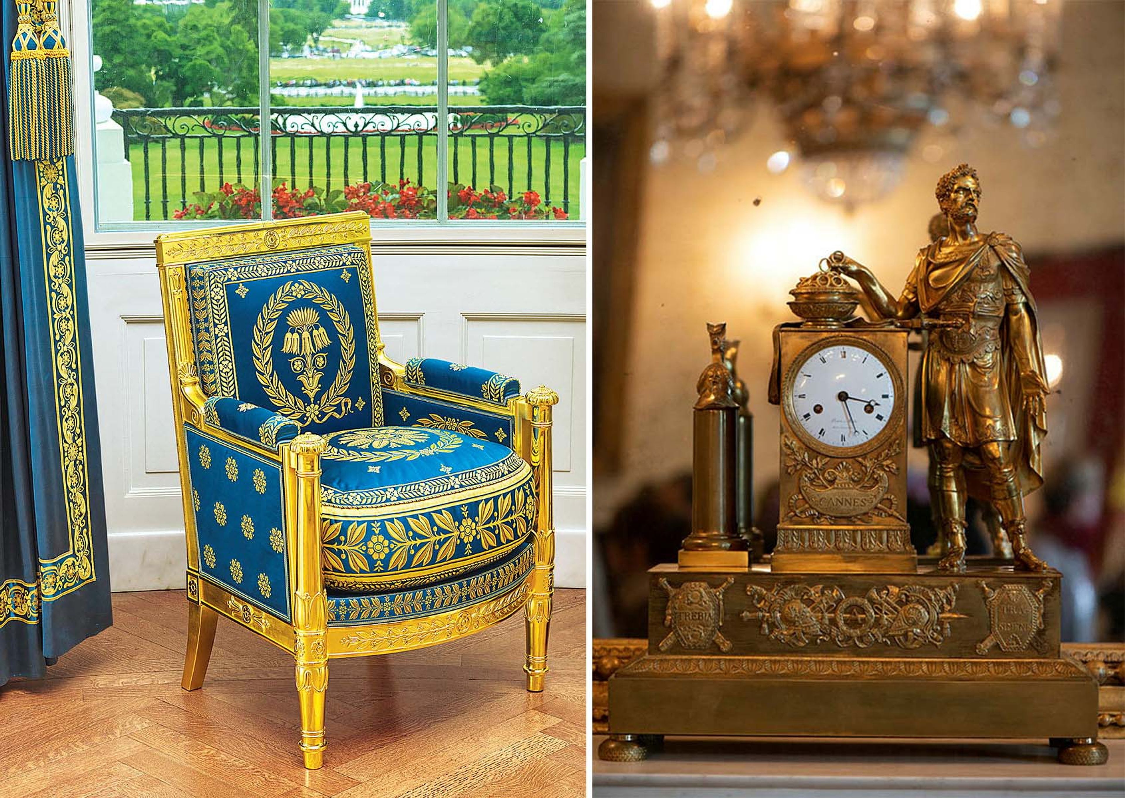 A Bellangé chair and a French clock depicting Hannibal, in the Blue Room.