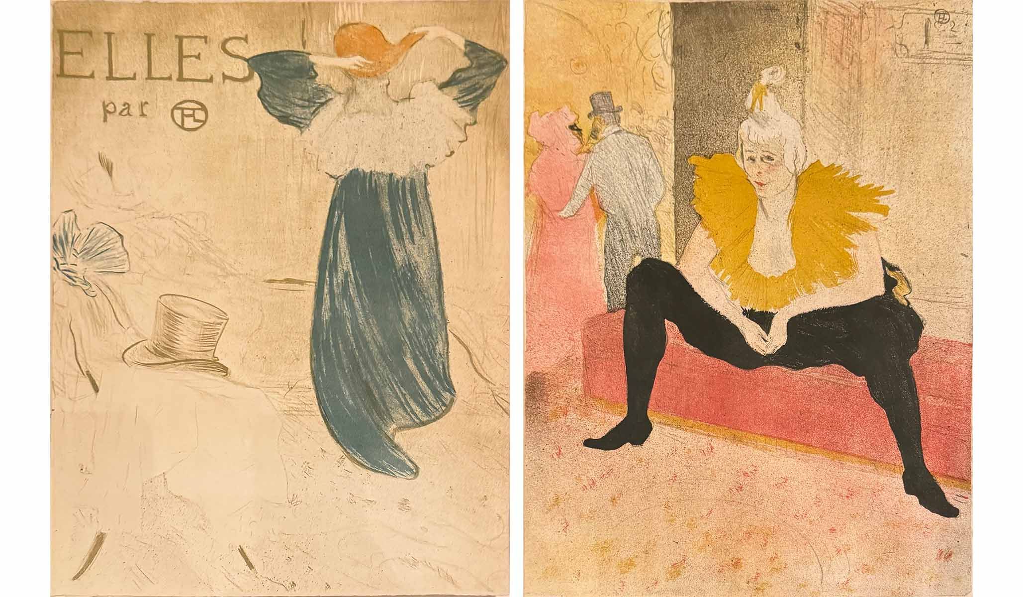 Left : Henri de Toulouse-Lautrec, Elles (portfolio cover) , 1896, color lithograph. Right : Henri de Toulouse-Lautrec, Seated Clowness (La Clownesse assise) , 1896, color lithograph.
