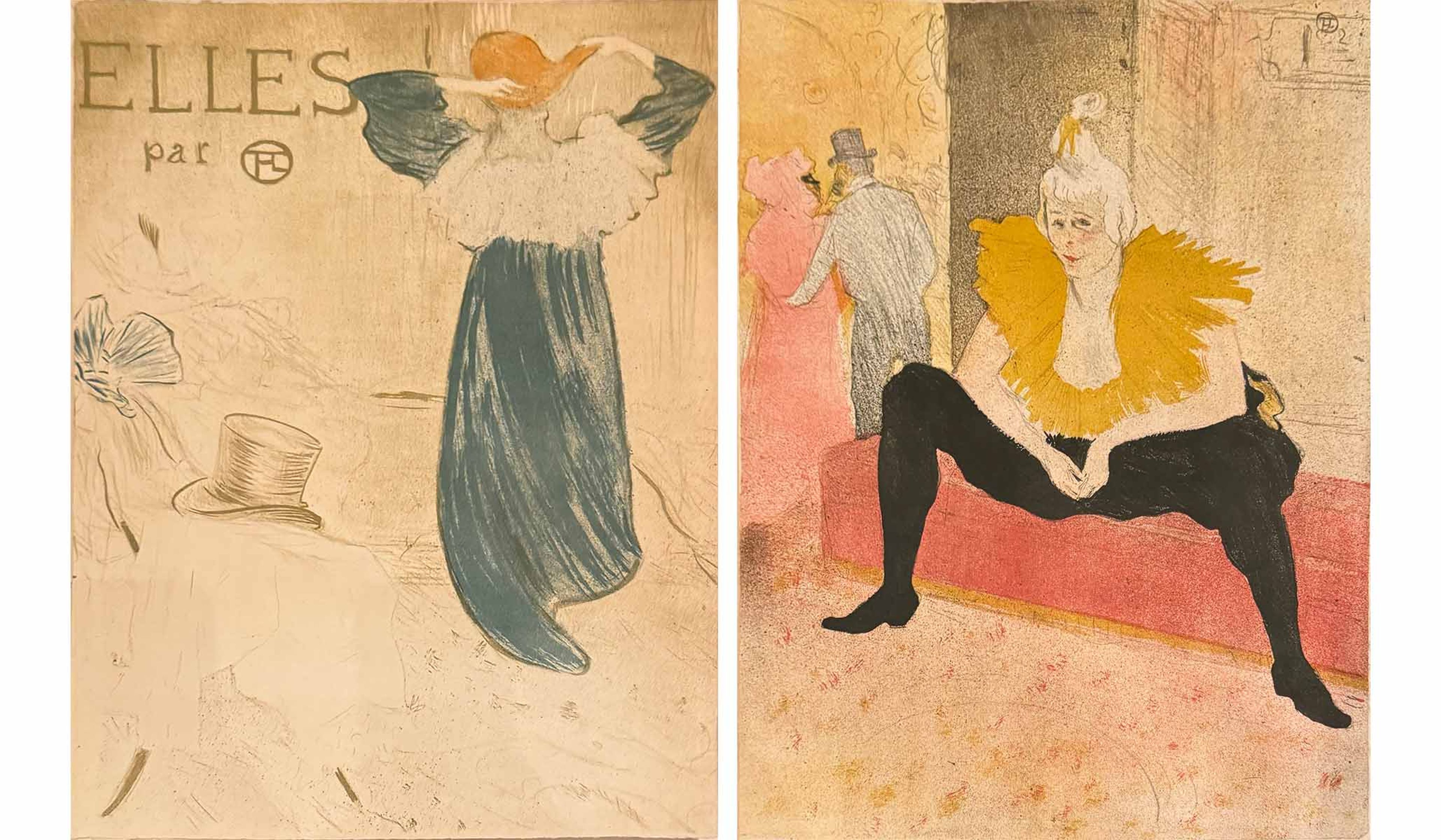 Left : Henri de Toulouse-Lautrec, Elles (portfolio cover) , 1896, color lithograph. Right : Henri de Toulouse-Lautrec, Seated Clowness (La Clownesse assise) , 1896, color lithograph.