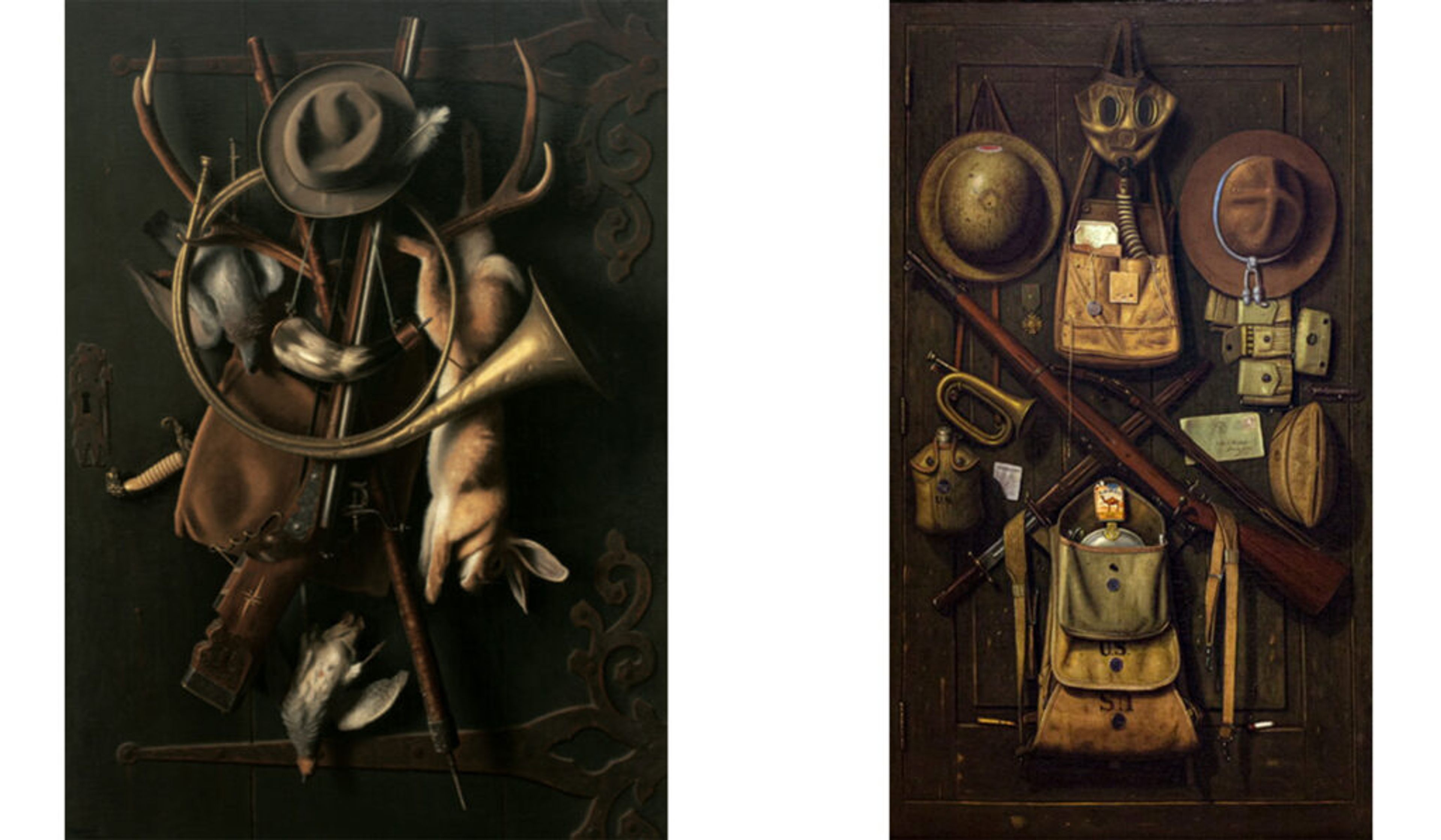 Left : William Harnett, After the Hunt , 1884, oil on canvas, museum purchase. (Photo courtesy of the museum) Right : Charles Meurer, A Doughboy’s Equipment , 1921, oil on canvas. (Gift of Elmer Engel, photo courtesy of the museum)